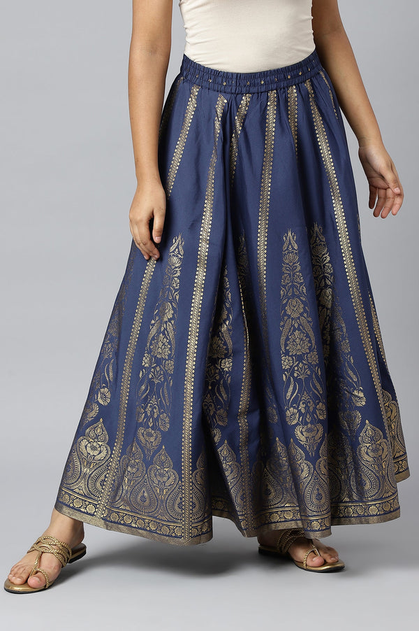 Navy Blue Floral Printed Flared Woven Skirt With Elasticated Waist