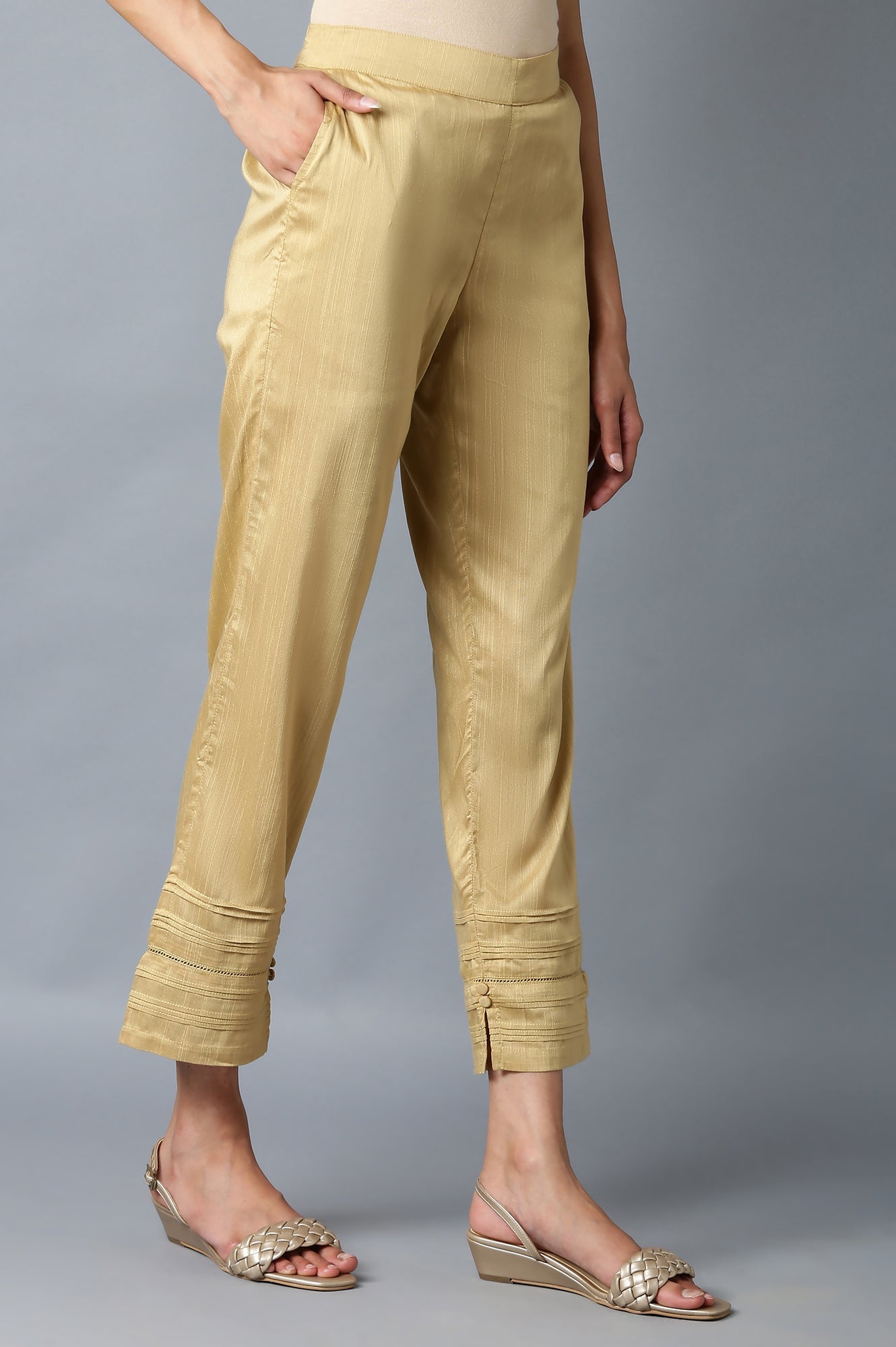 Beige Yarn-Dyed Solid Trousers