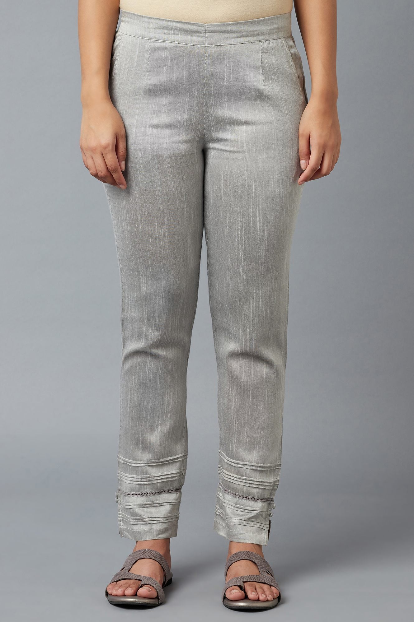 Grey Yarn-Dyed Solid Trousers