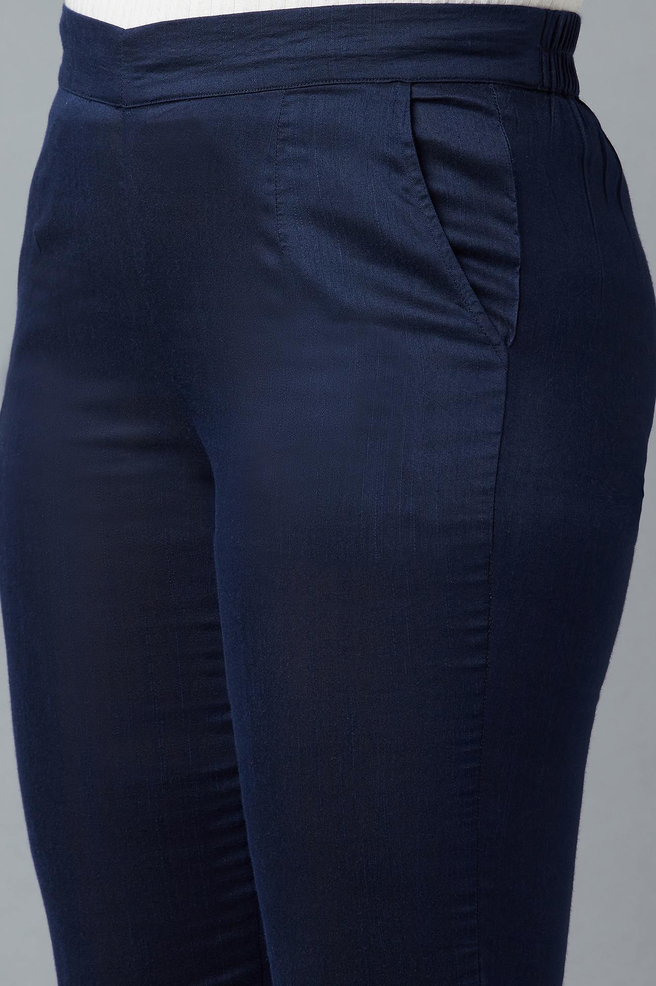 Blue Yarn-Dyed Solid Trousers