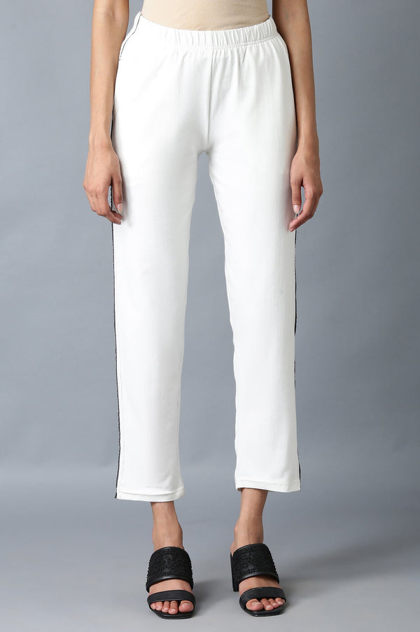 White Solid Straight Fit Cotton Pants With Elasticated Waistband