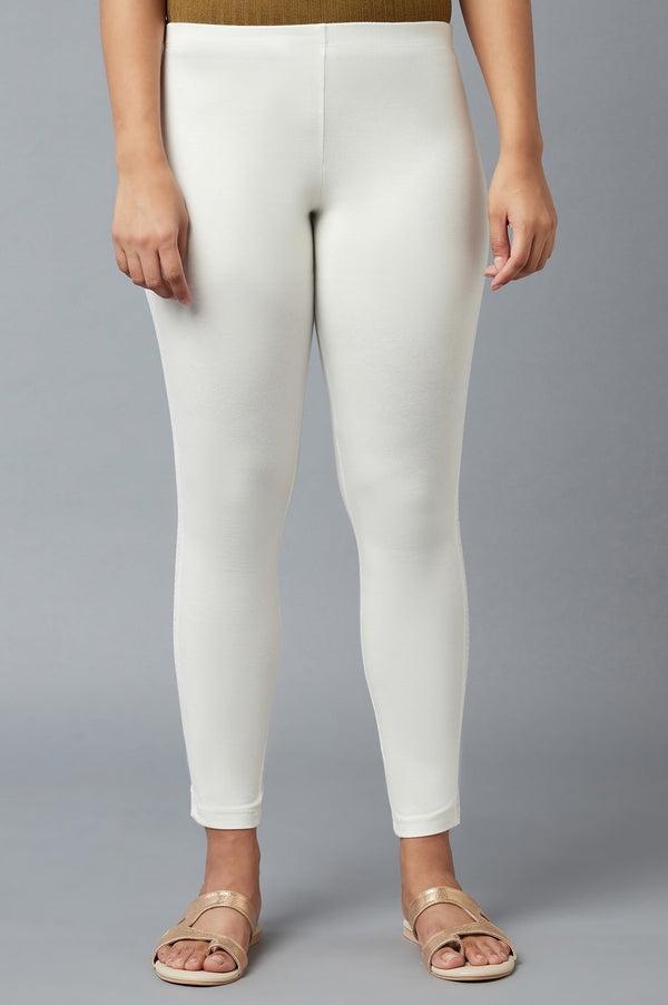 White Solid Skinny Fit Cotton Tights With Elasticated Waist