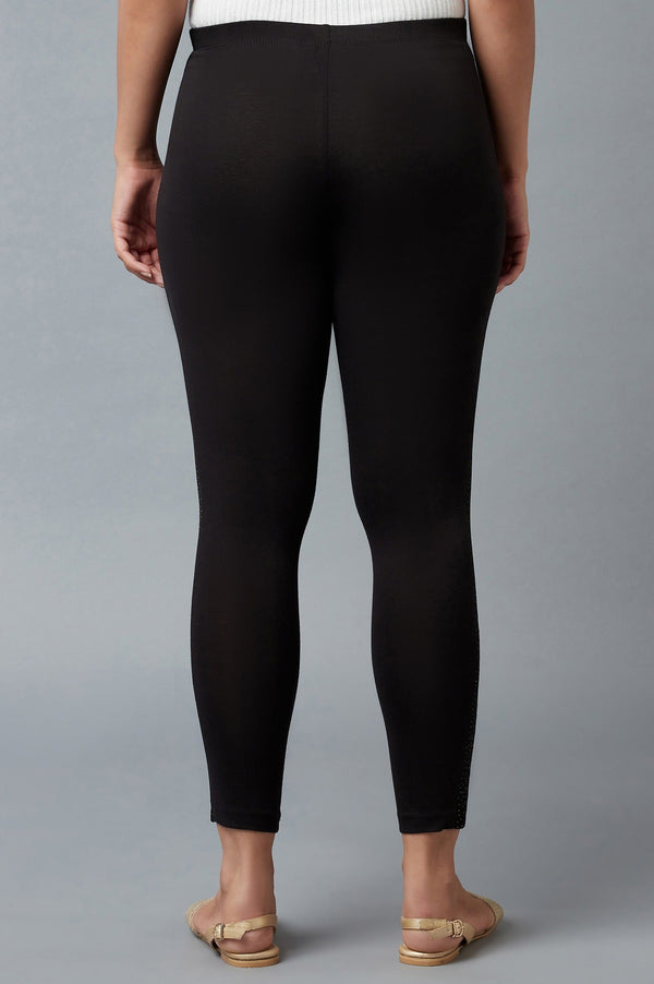 Black Solid Skinny Cotton Tights With Elasticated Waist