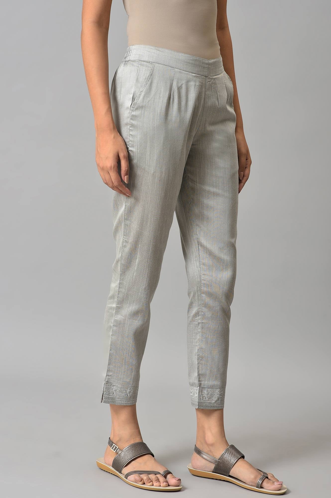 Grey Yarn-Dyed Gathered Trouser Pants