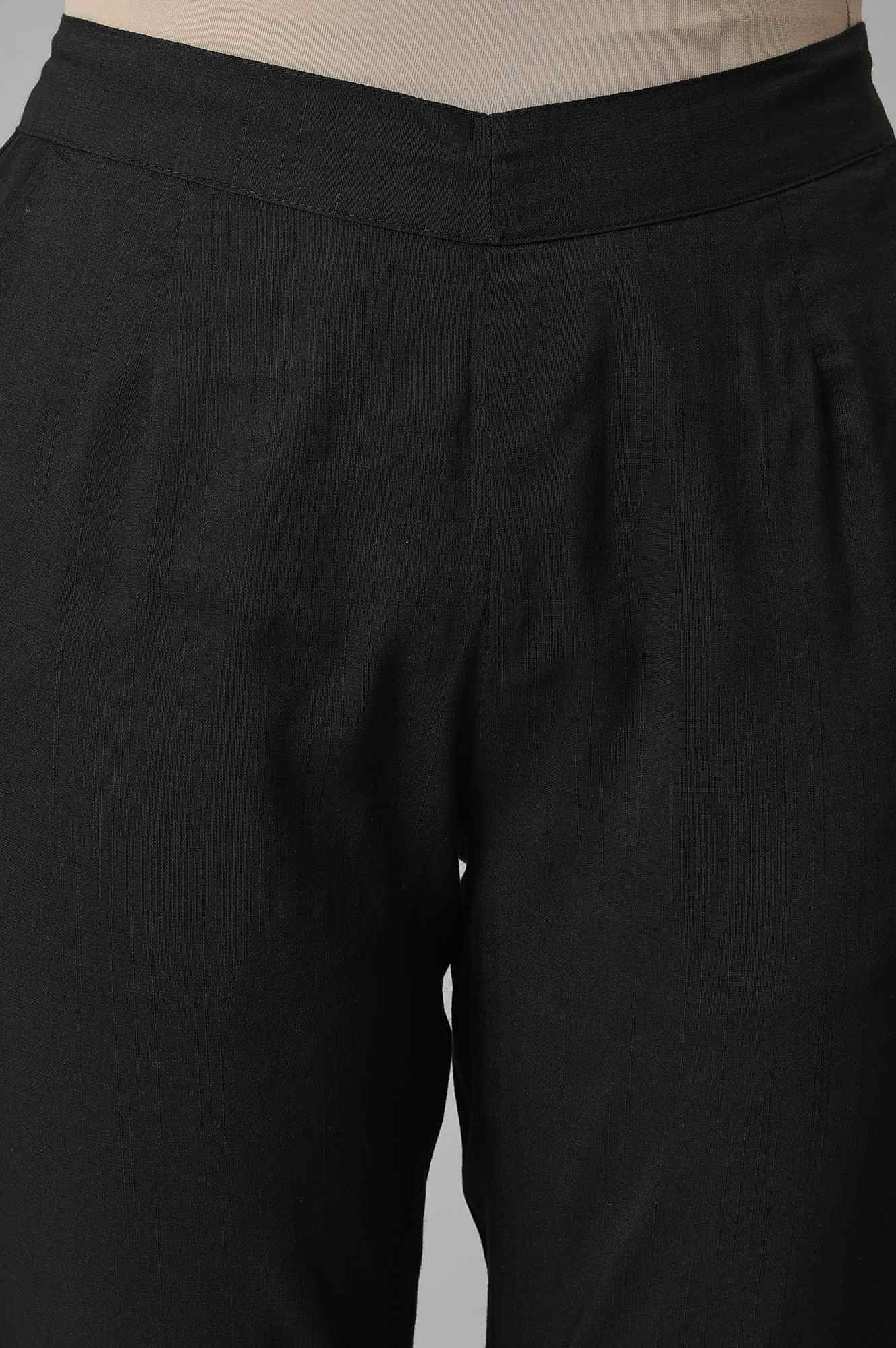 Black Yarn-Dyed Gathered Trouser Pants