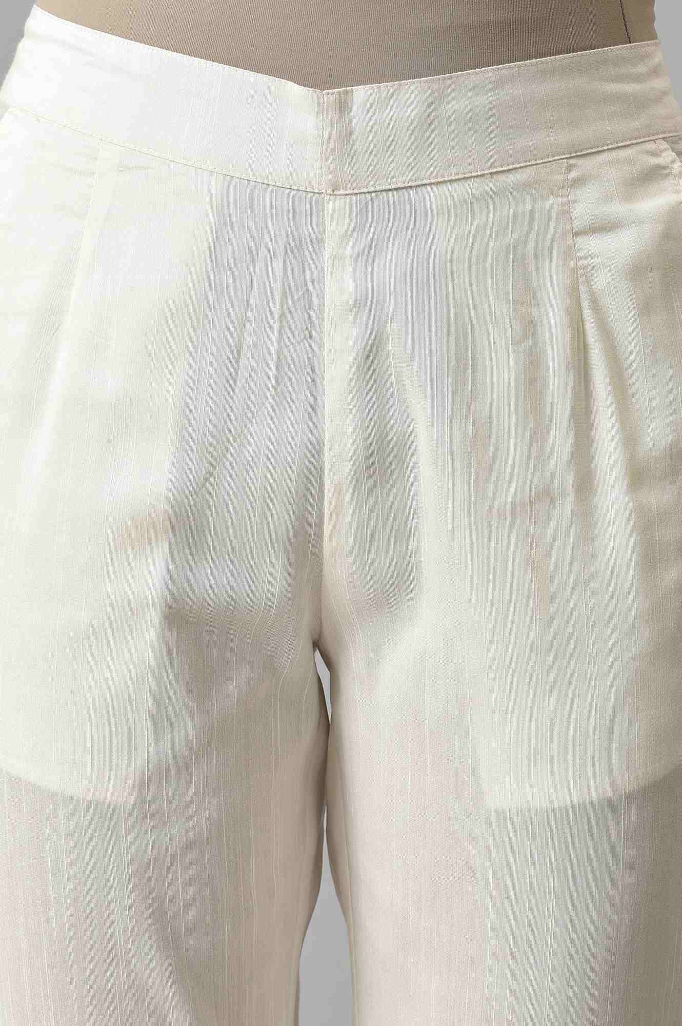 White Yarn-Dyed Gathered Trouser Pants