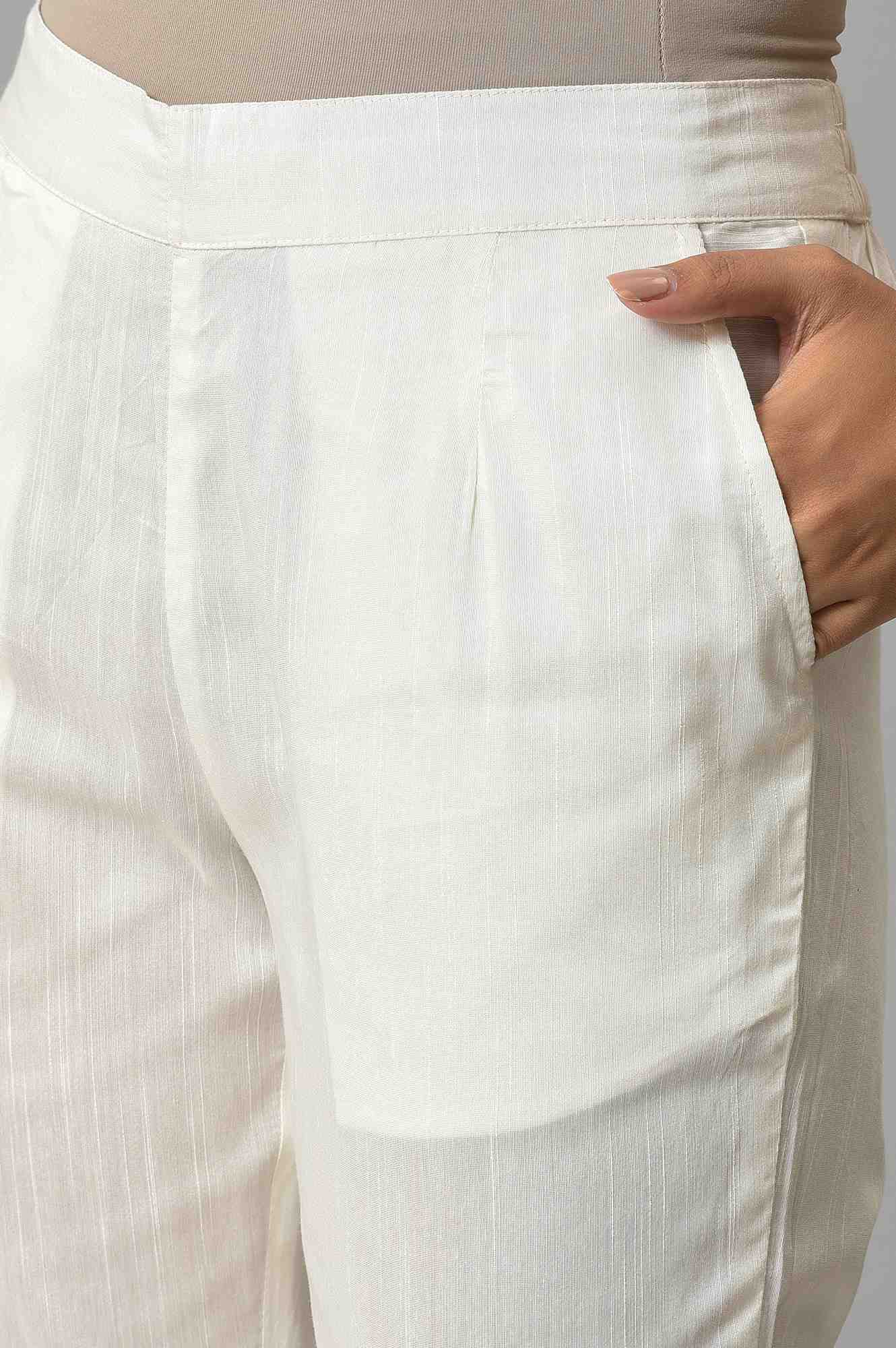 White Yarn-Dyed Gathered Trouser Pants