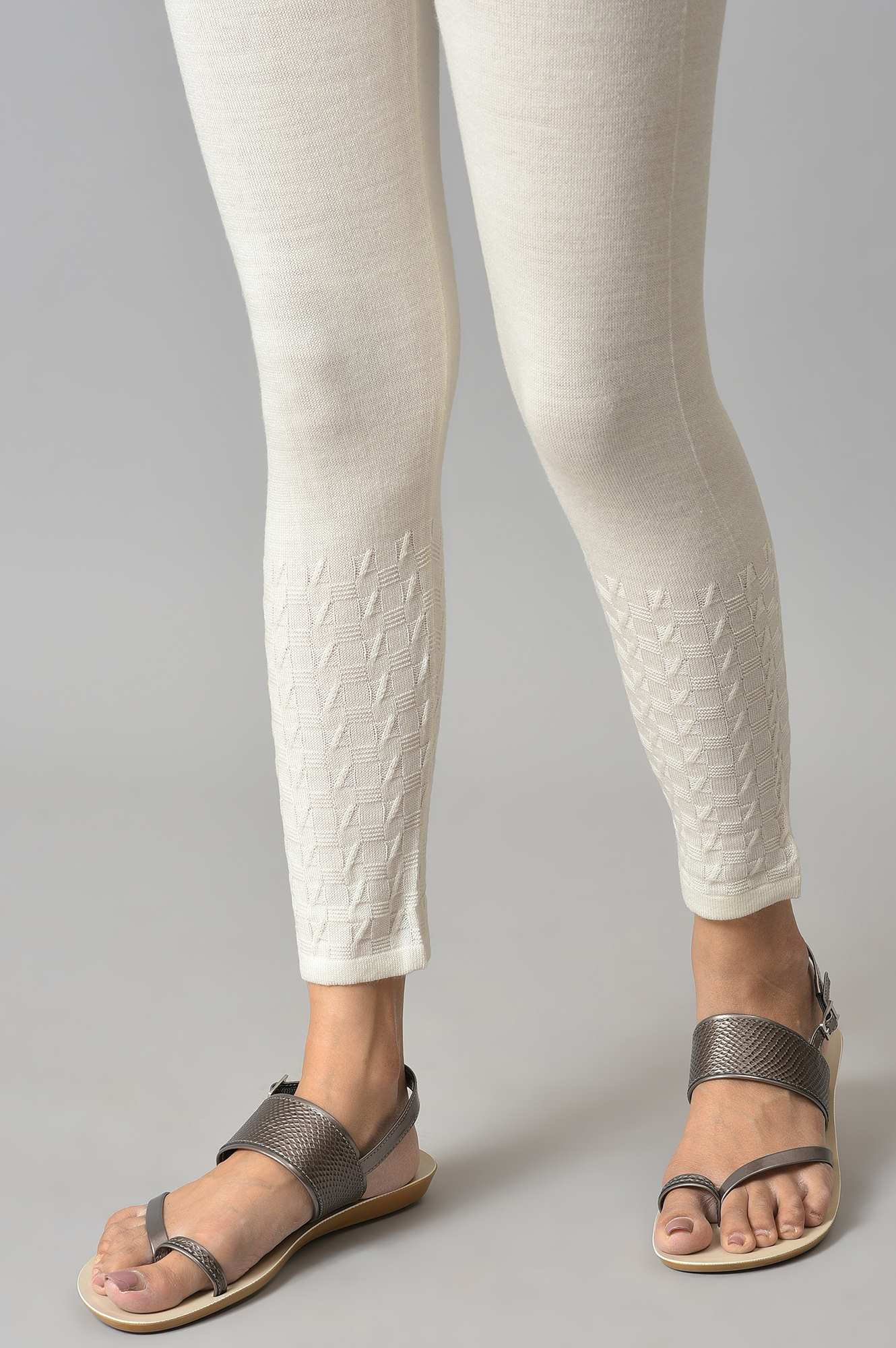 White Knitted Solid Winter Tights