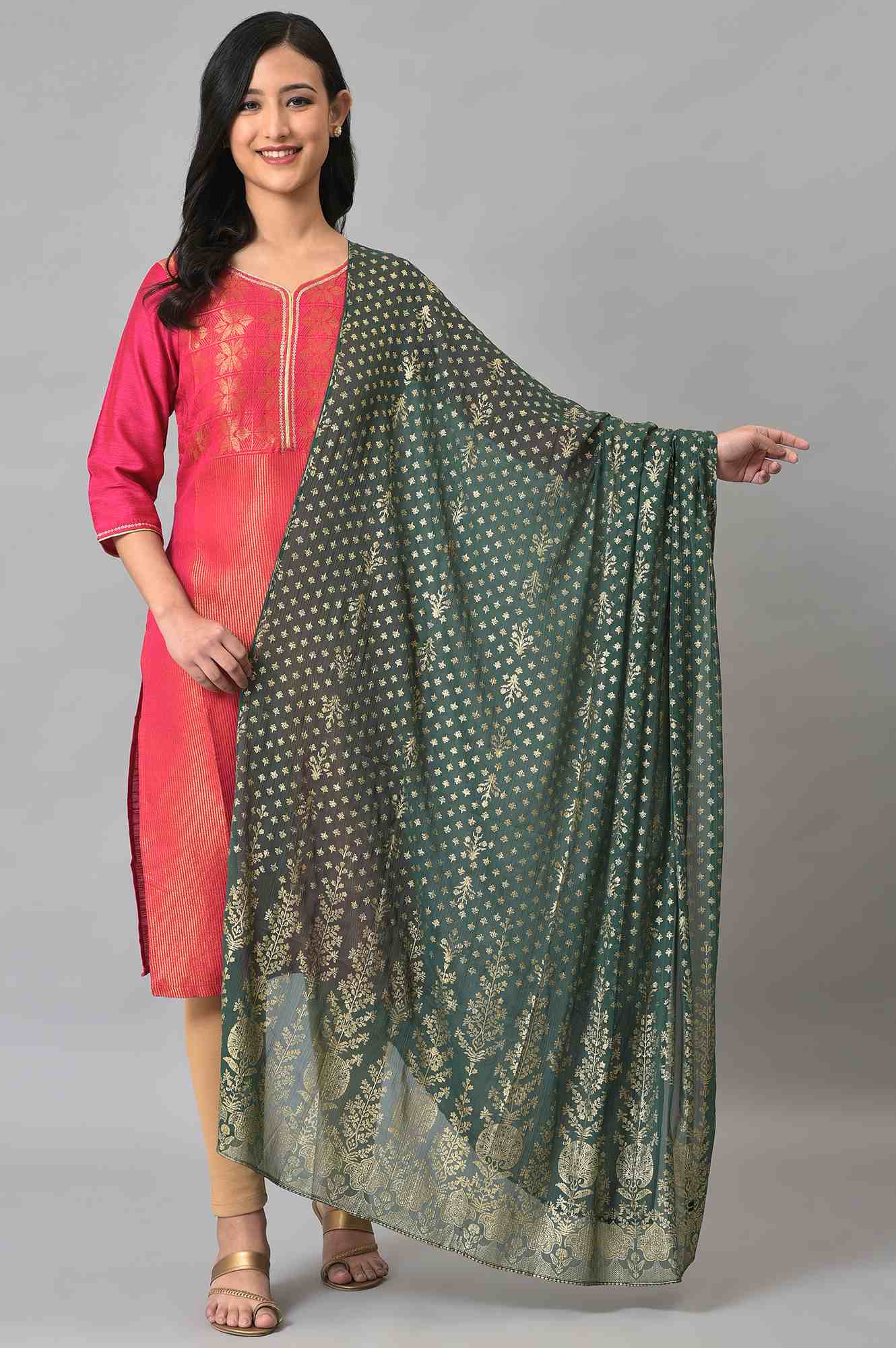 Green Silver Chiffon Printed Dupatta