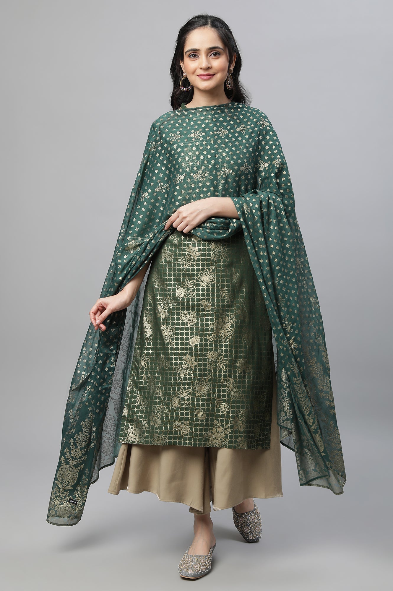 Green Silver Chiffon Printed Dupatta