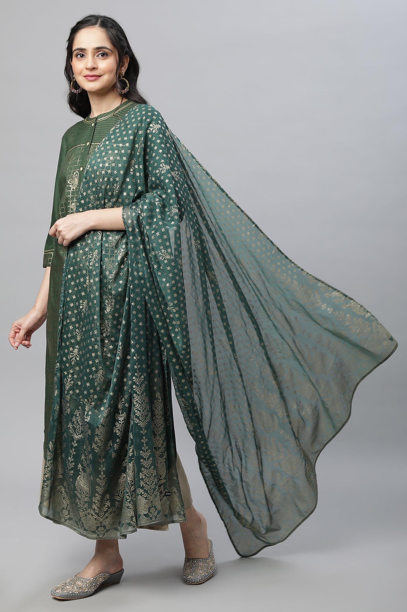 Green Silver Chiffon Printed Dupatta