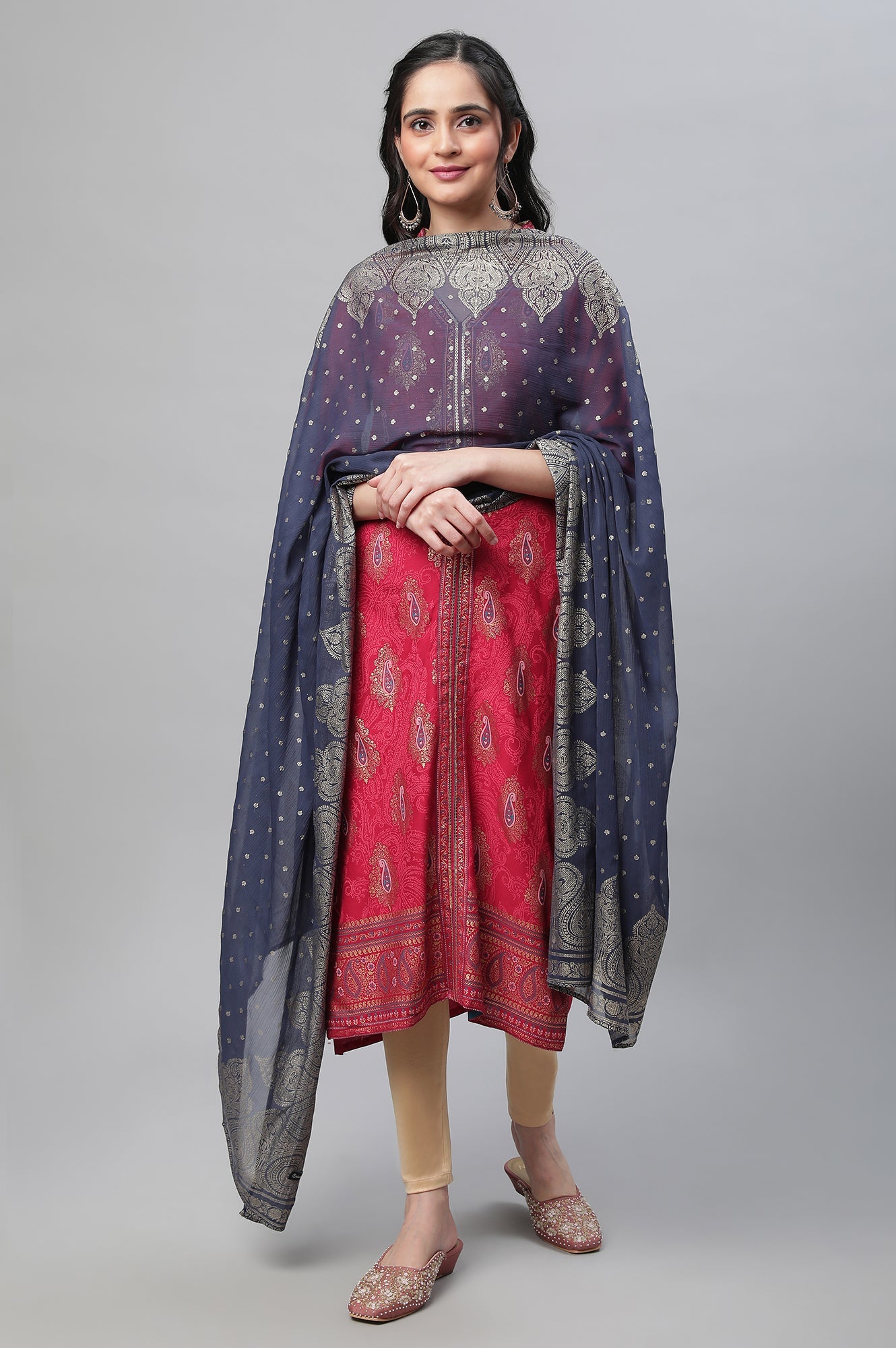 Navy Silver Chiffon Printed Dupatta