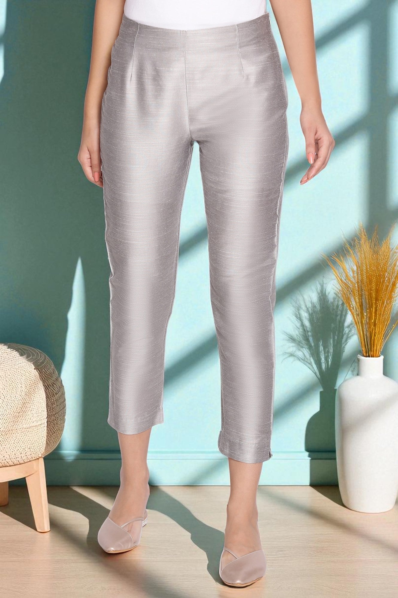 Silver Fitted Ankle Length Pants