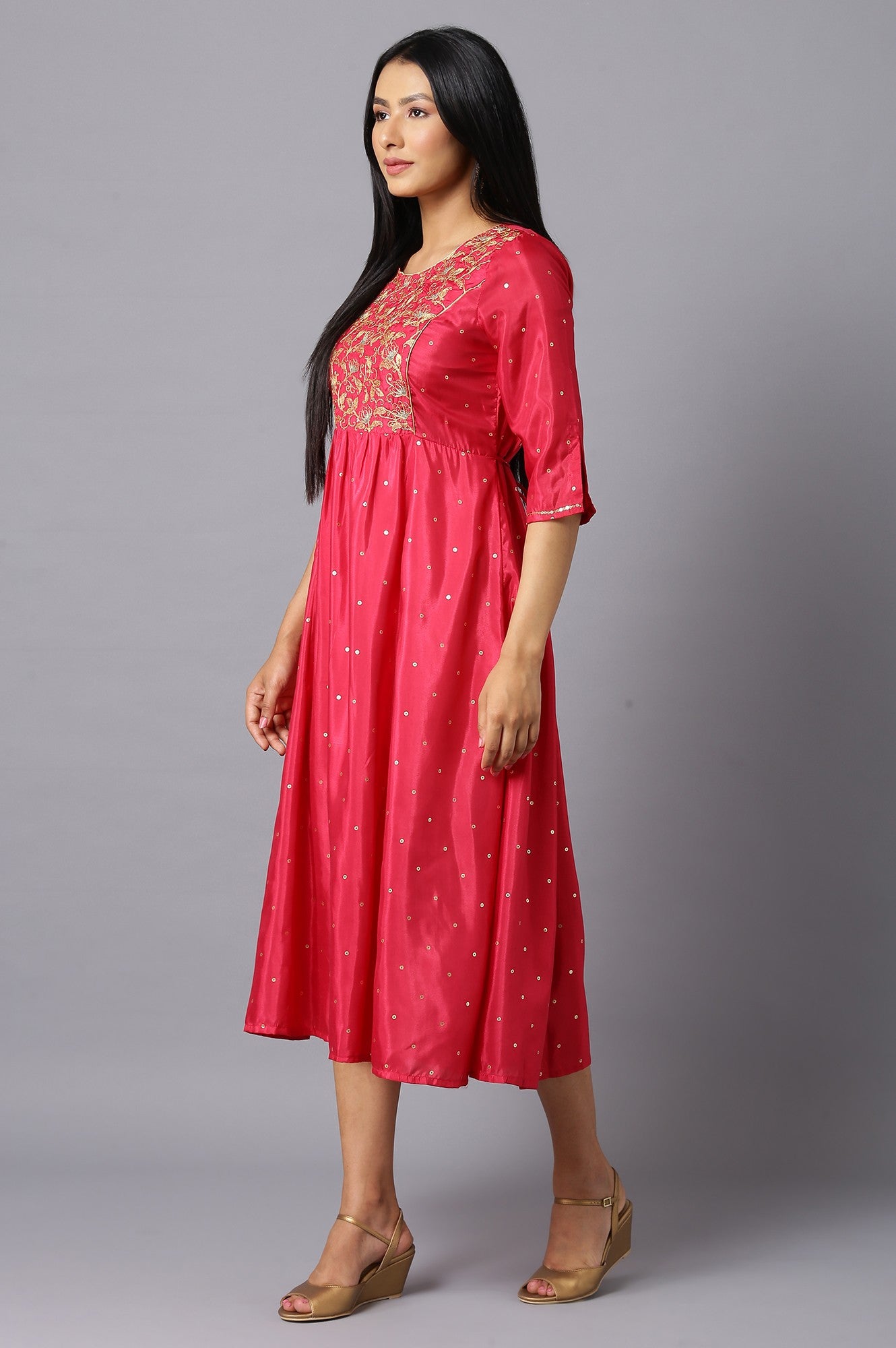 Pink Flared Embroidered kurta