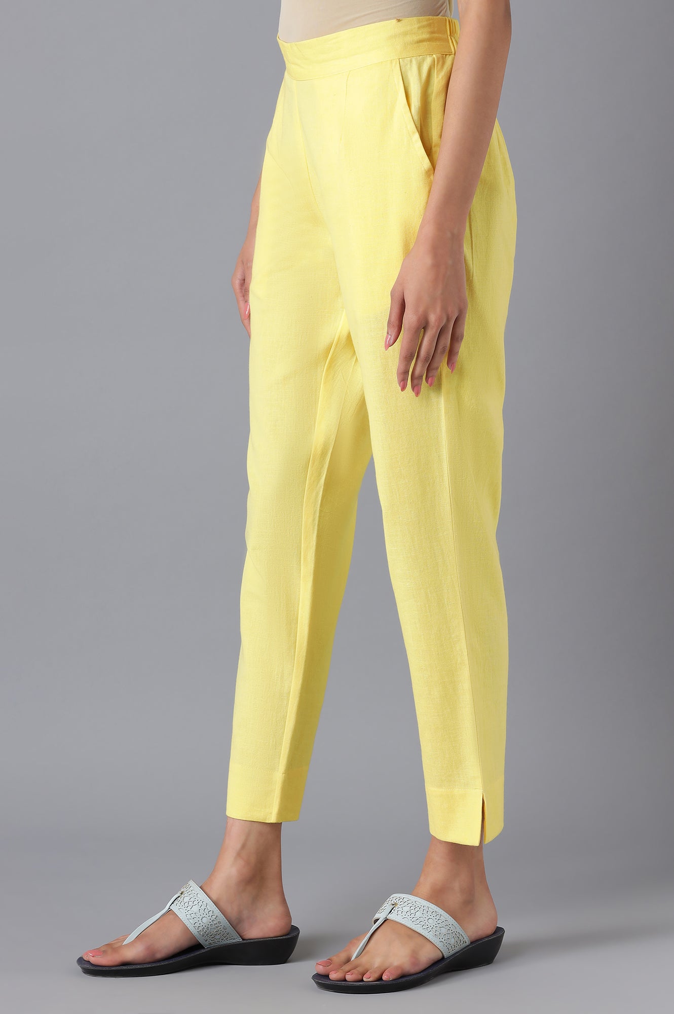 Yellow Cotton Solid Trousers