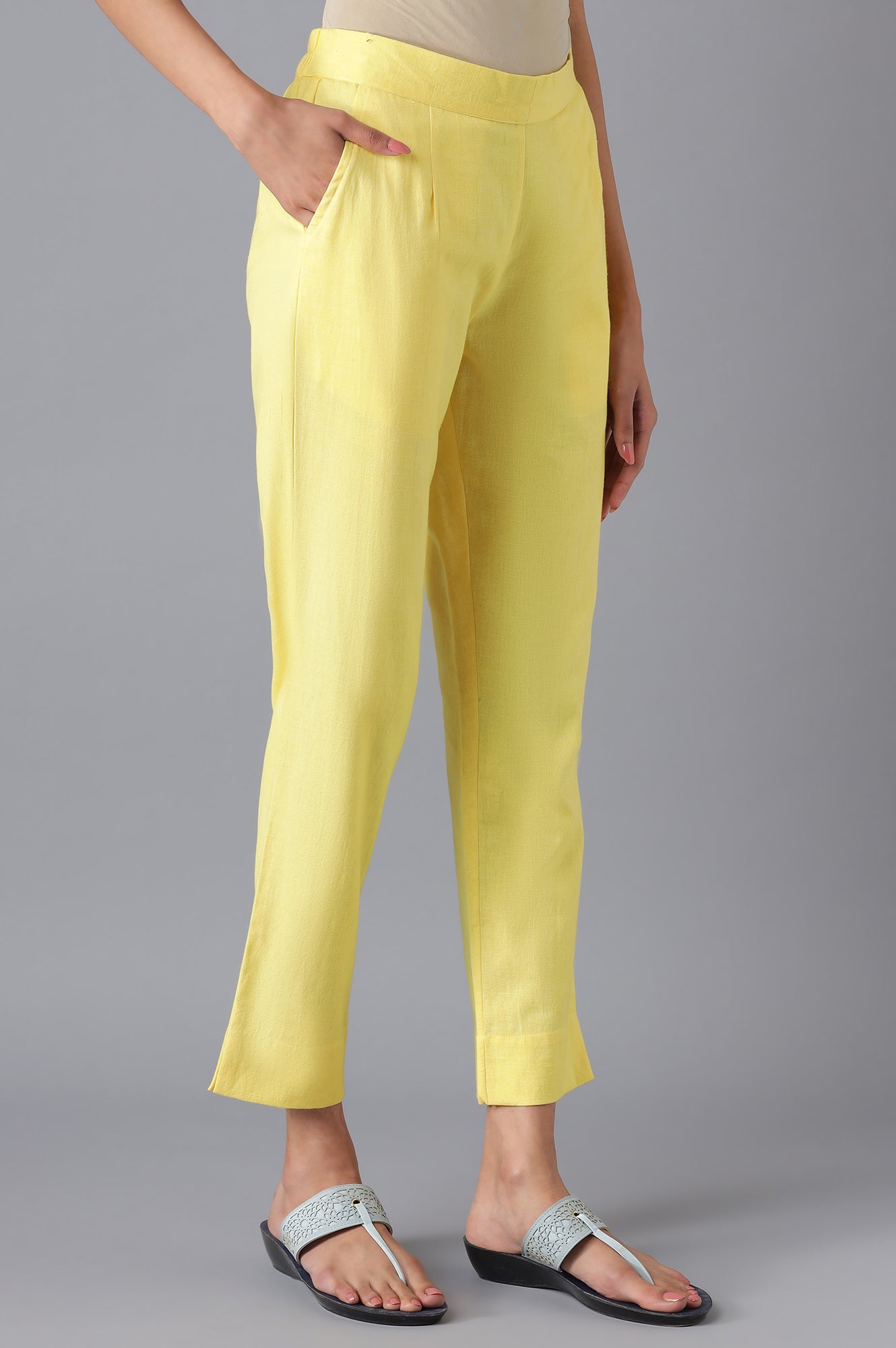 Yellow Cotton Solid Trousers