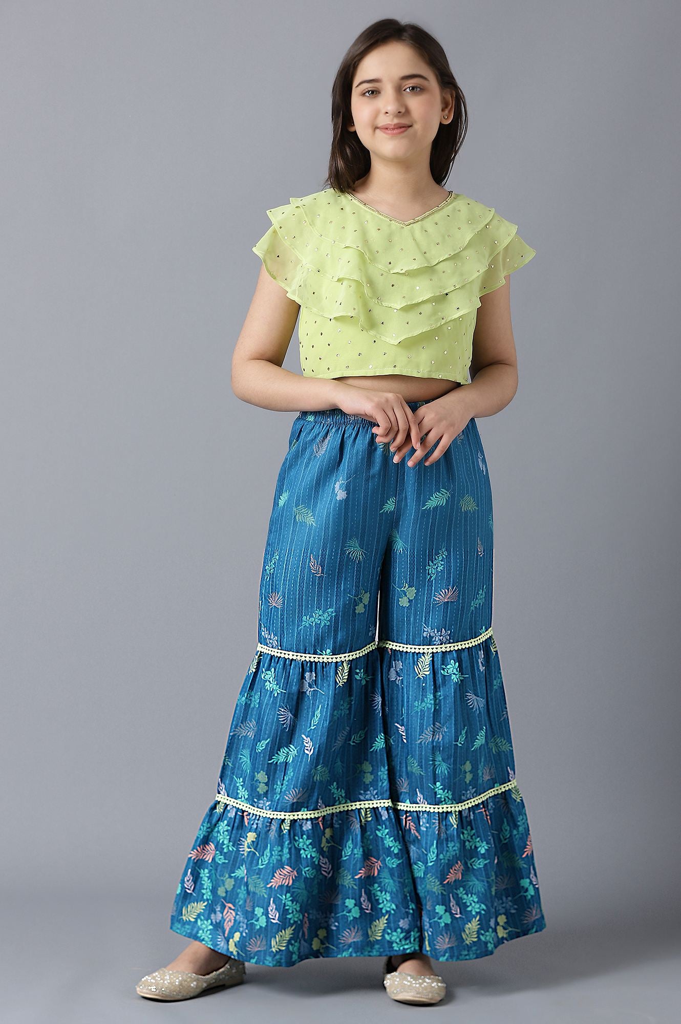 Light Green Sleeveless Emboss Top With Blue Printed Sharara