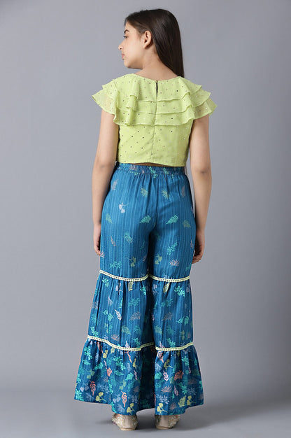 Light Green Sleeveless Emboss Top With Blue Printed Sharara