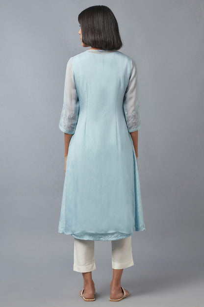 Blue Embroidered Gillet with Textured kurta - wforwoman
