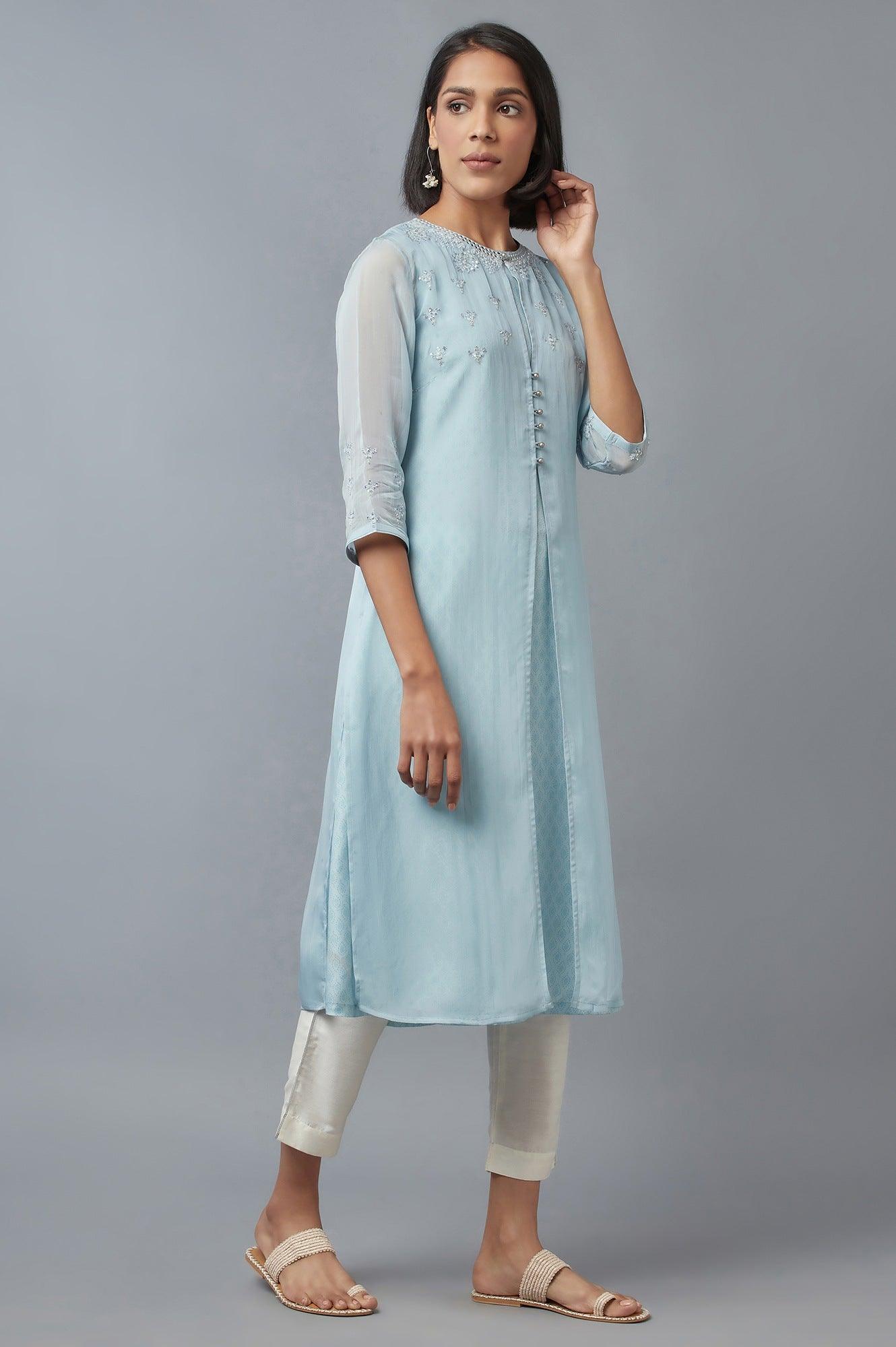 Blue Embroidered Gillet with Textured kurta - wforwoman