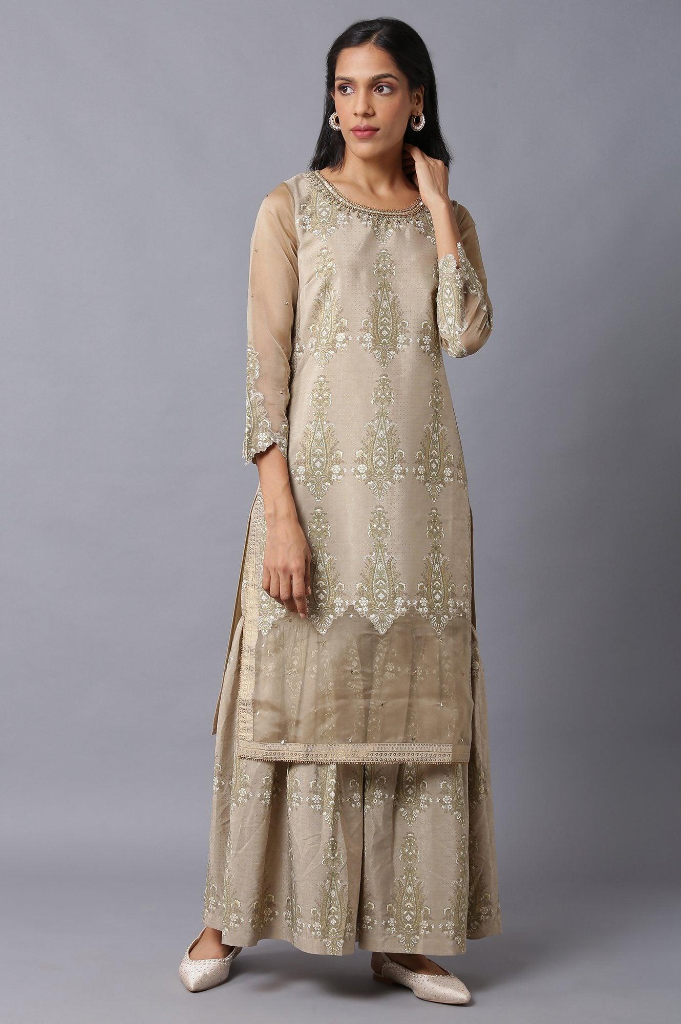 Gold Beige Floral Printed kurta With Embroidery - wforwoman