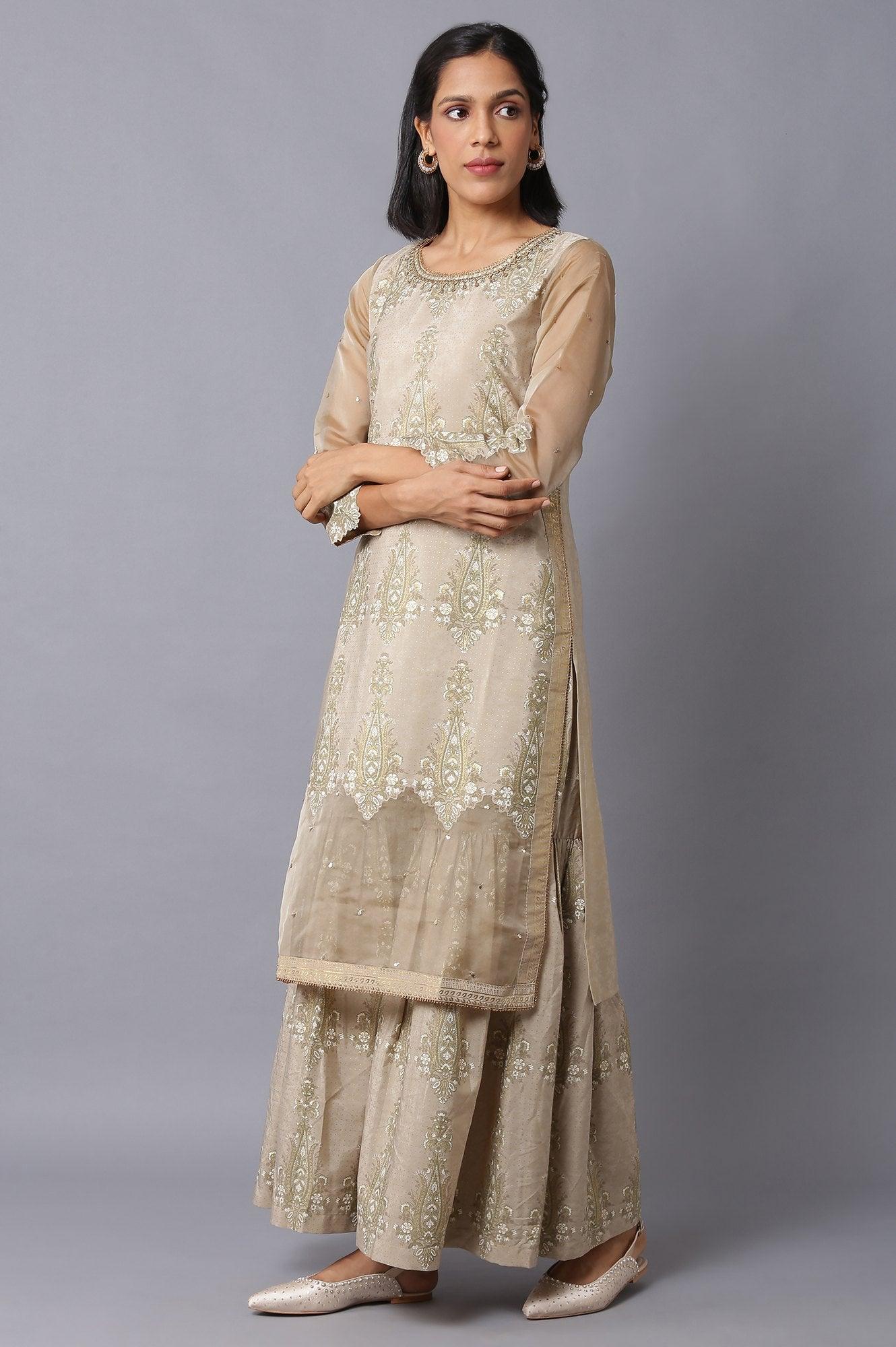 Gold Beige Floral Printed kurta With Embroidery - wforwoman