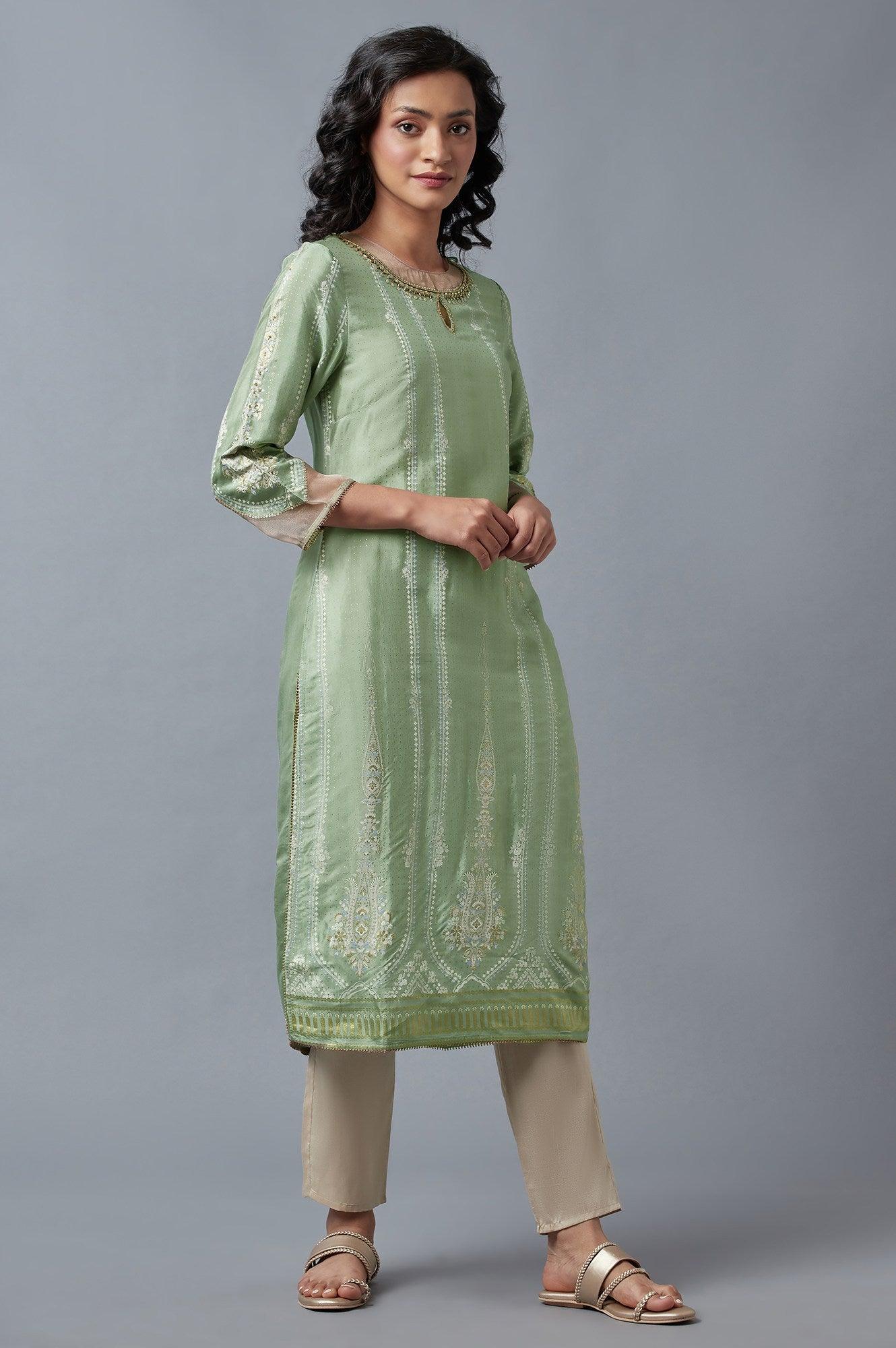 Light Green And Pink Festive kurta With Embroidery - wforwoman
