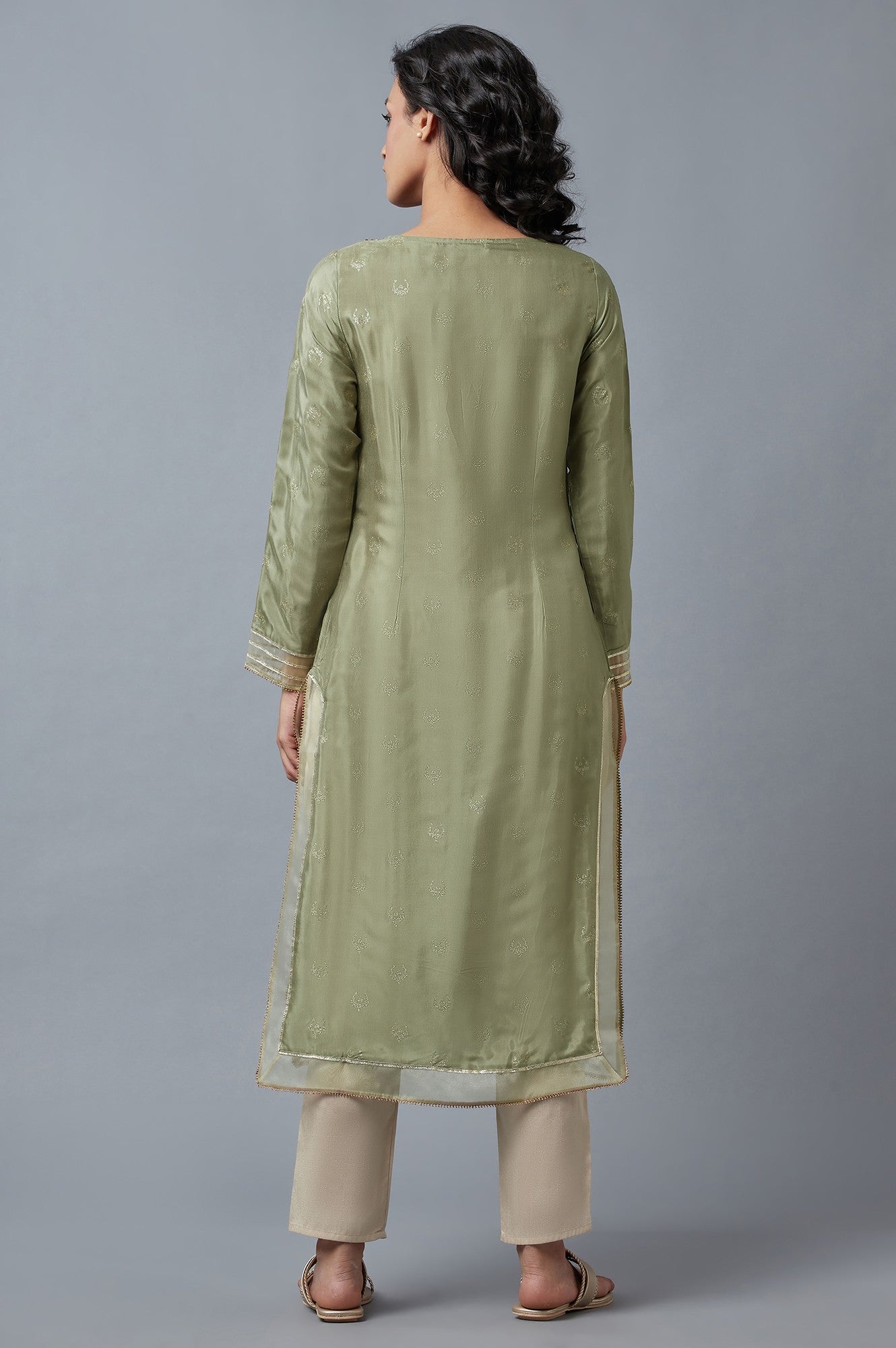 Olive Green Glitter Print Round Neck kurta With Embroidery