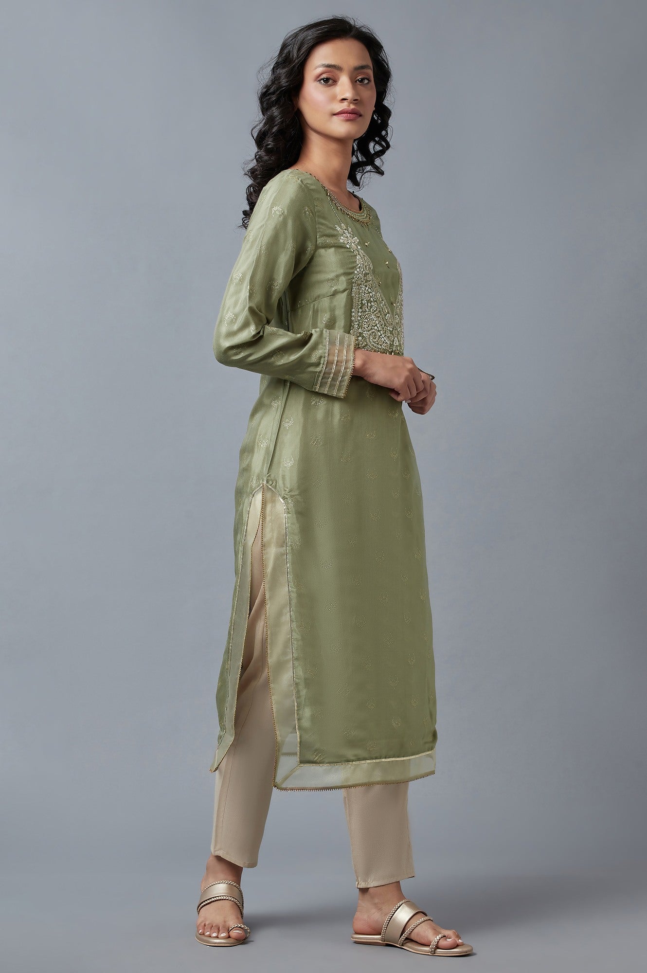 Olive Green Glitter Print Round Neck Kurta With Embroidery