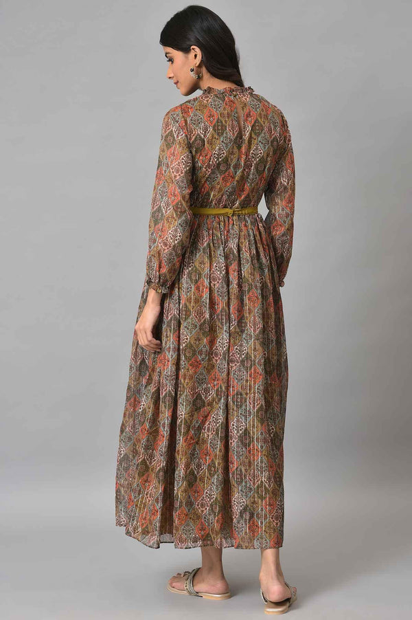Dark Yellow Cotton Victorian-Style Midi Dress