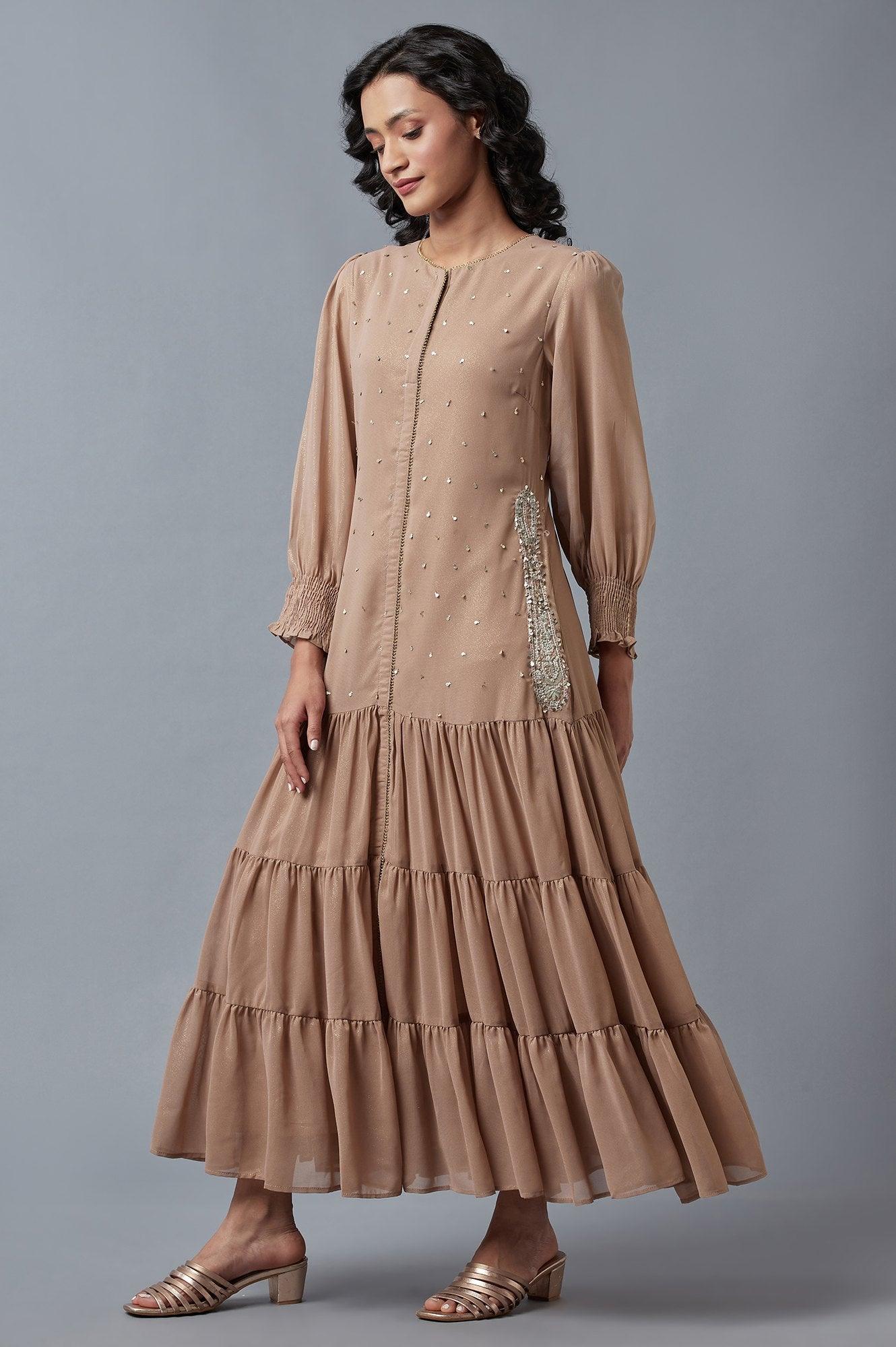 Pink Tiered Round Neck Dress With Metallic Embroidery - wforwoman