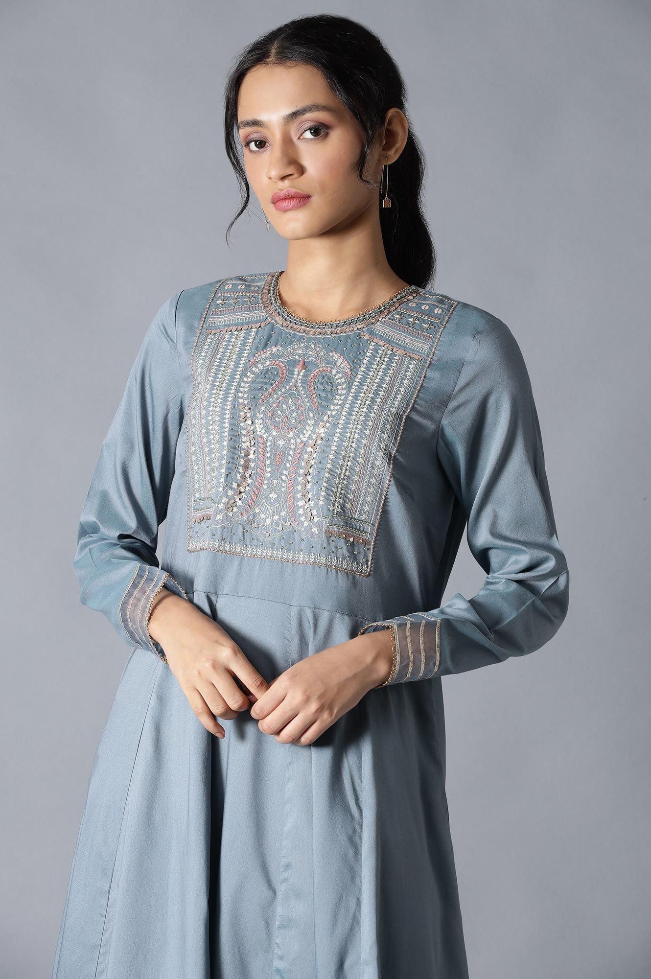 Blue Flared Round Neck Mughal Gown With Embroidery - wforwoman