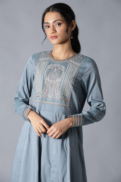 Blue Flared Round Neck Mughal Gown With Embroidery - wforwoman