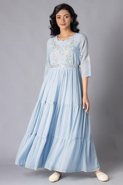 Blue Tiered Embroidered Dress With Belt - wforwoman