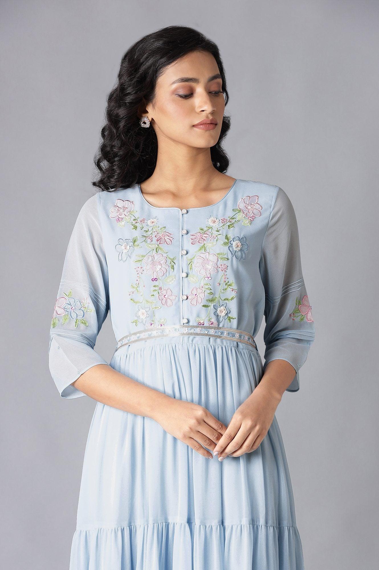 Blue Tiered Embroidered Dress With Belt - wforwoman