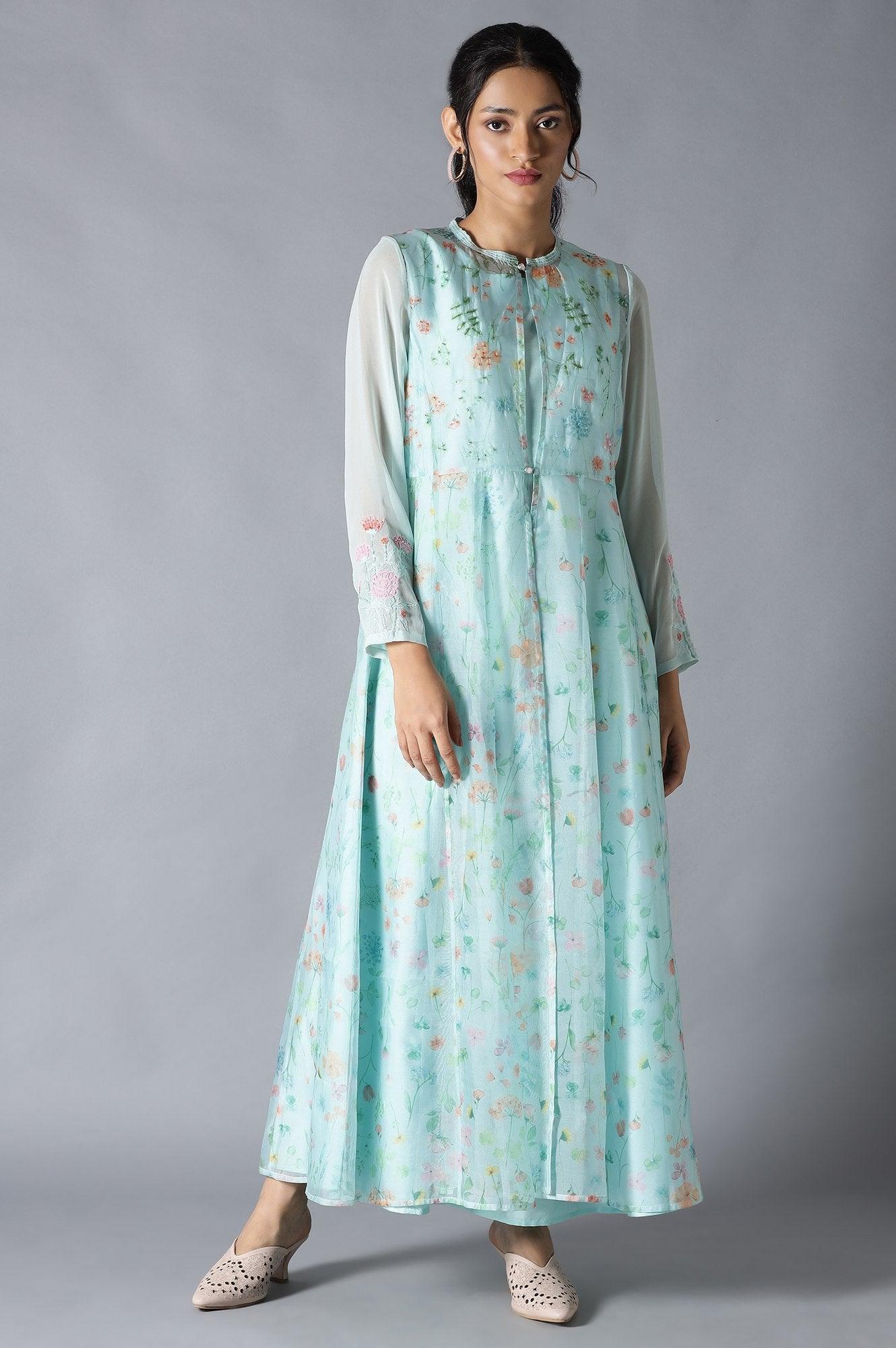 Light Green Floral Organza Dress With Inner - wforwoman