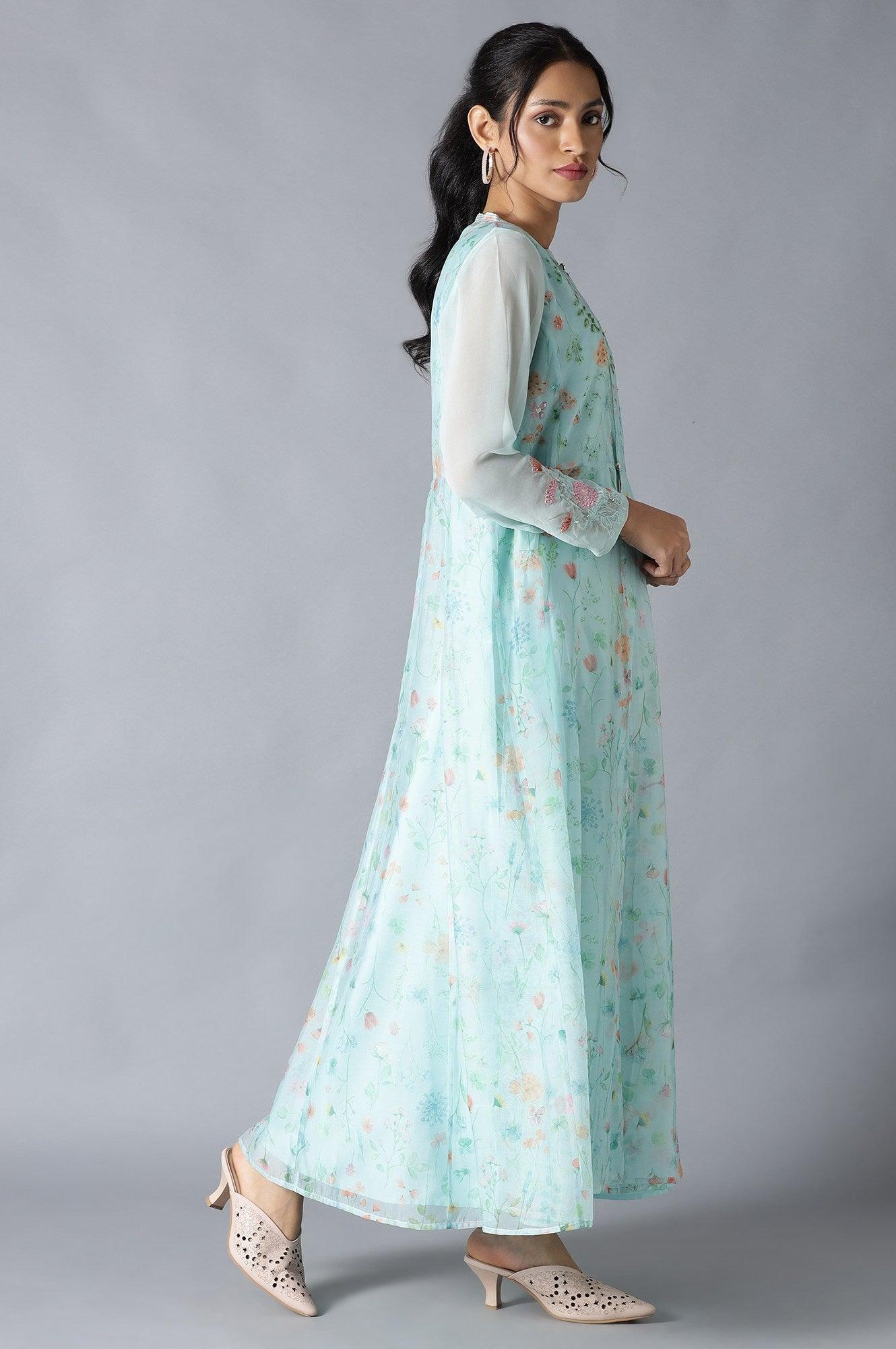 Light Green Floral Organza Dress With Inner - wforwoman