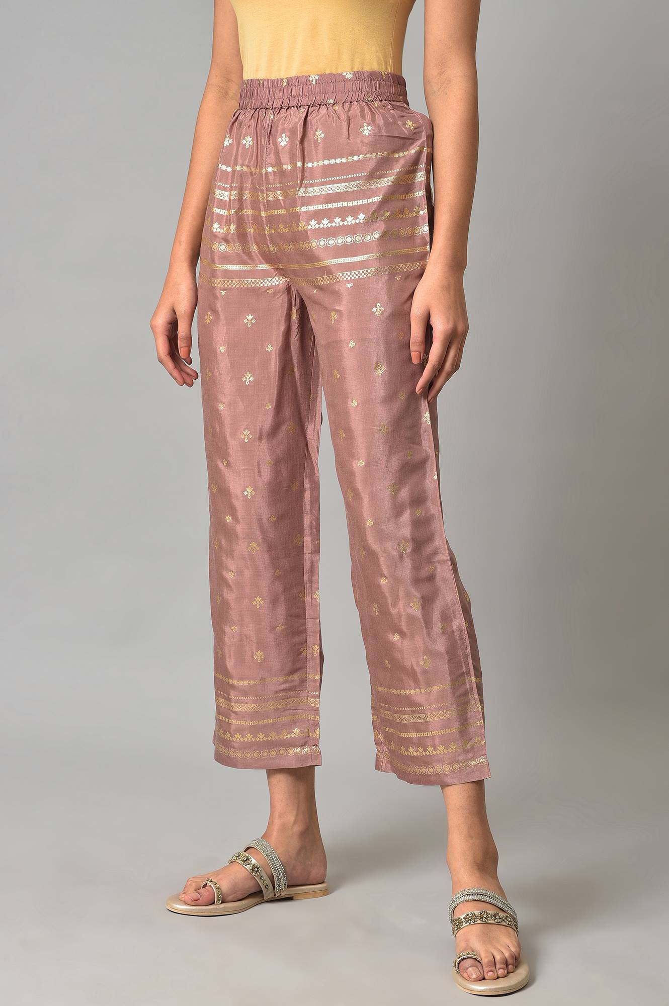 Onion Pink Printed Shantung Slim Pants