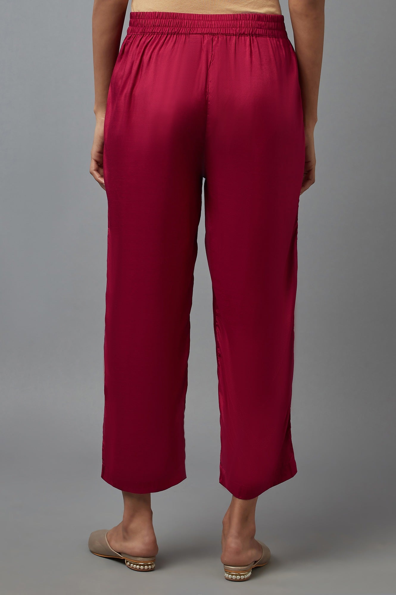 Dark Pink Solid Slim Pants in Straight Silhouette