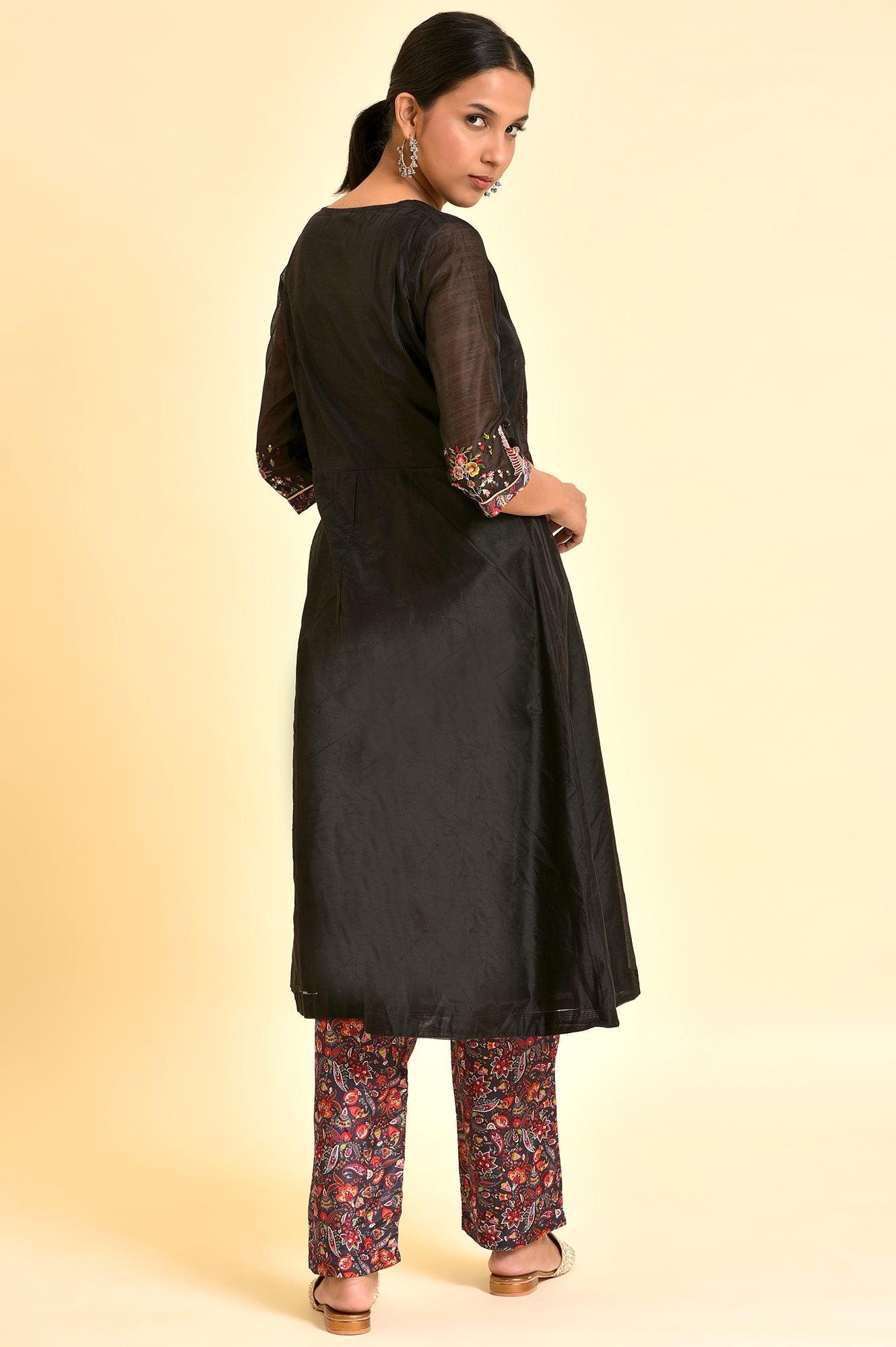 Black Chanderi kurta And Slim Pant Set - wforwoman