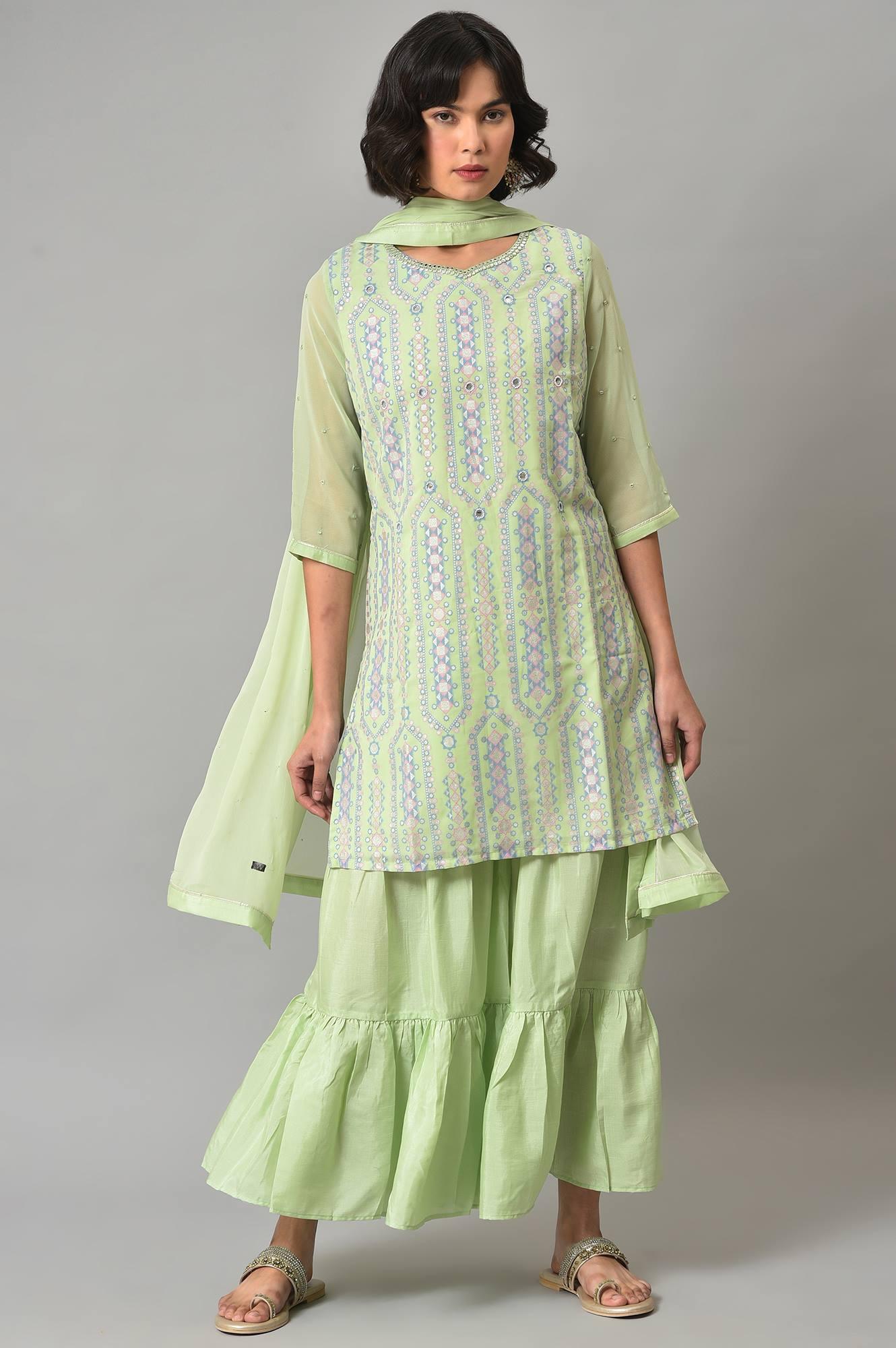 Green Printed kurta, Sharara And Dupatta Set - wforwoman