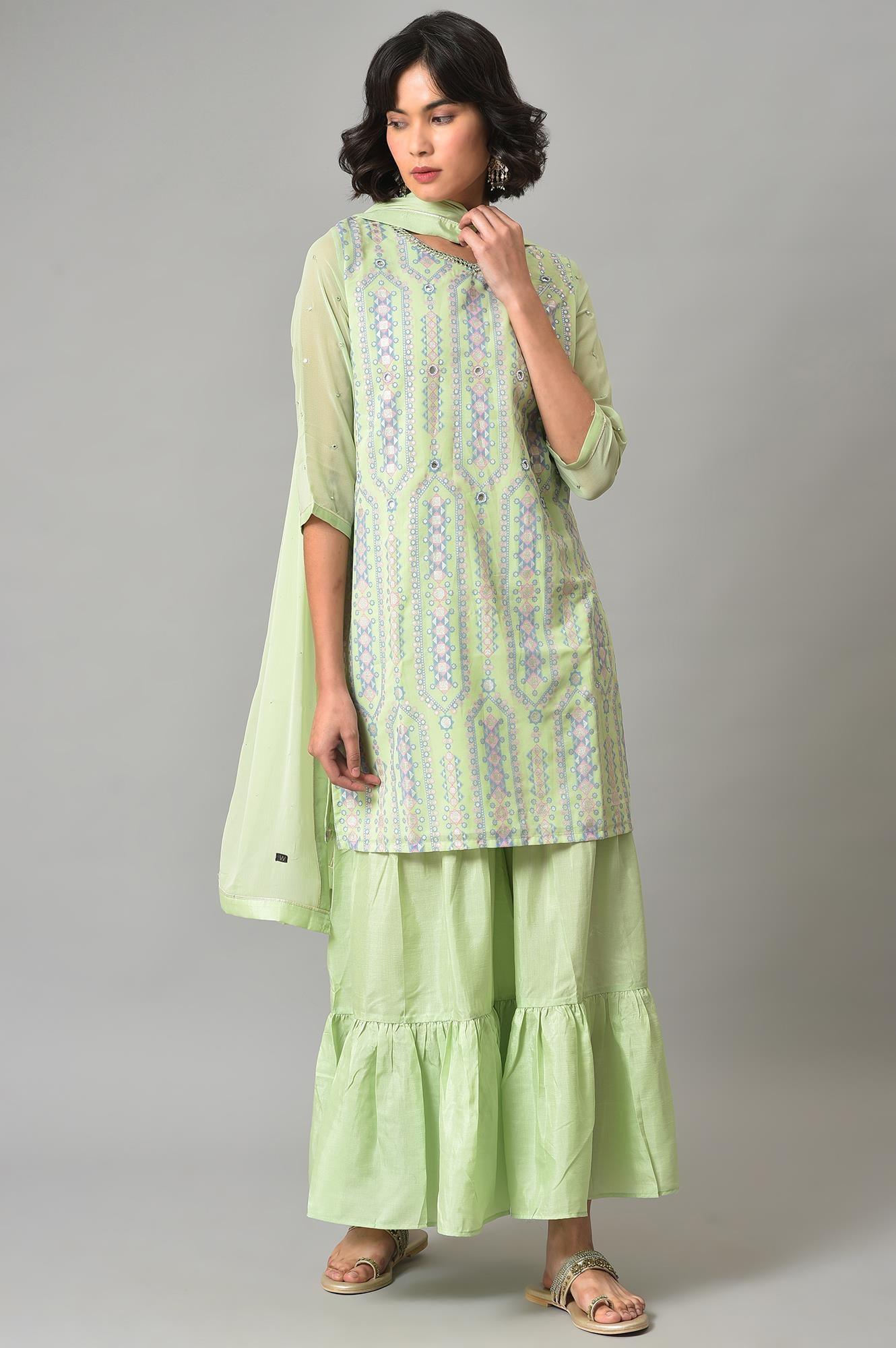 Green Printed kurta, Sharara And Dupatta Set - wforwoman
