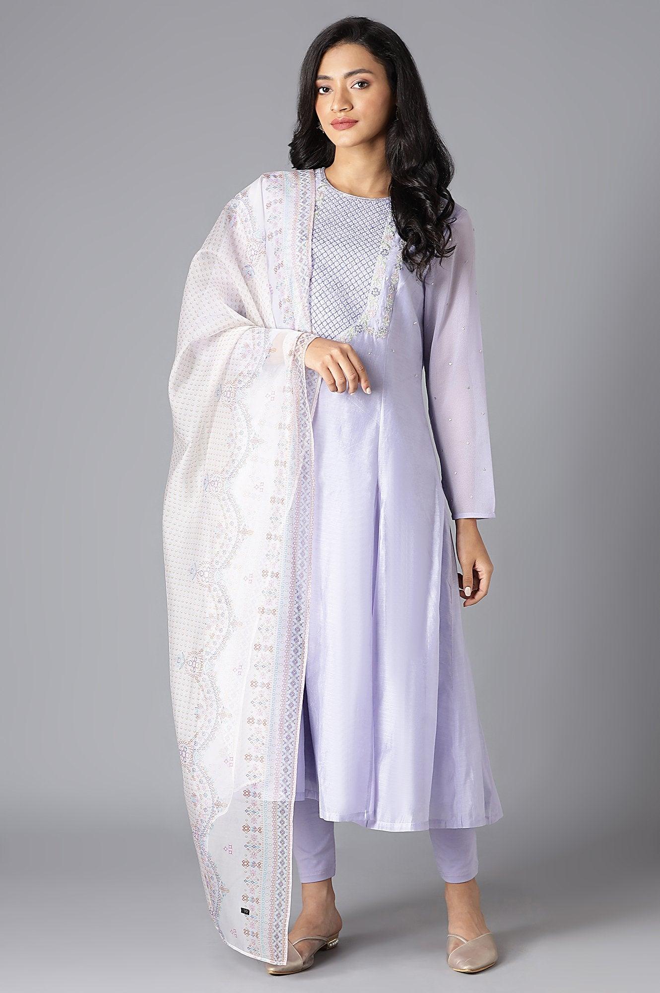 Purple A-Line kurta, Tights And Dupatta Set - wforwoman