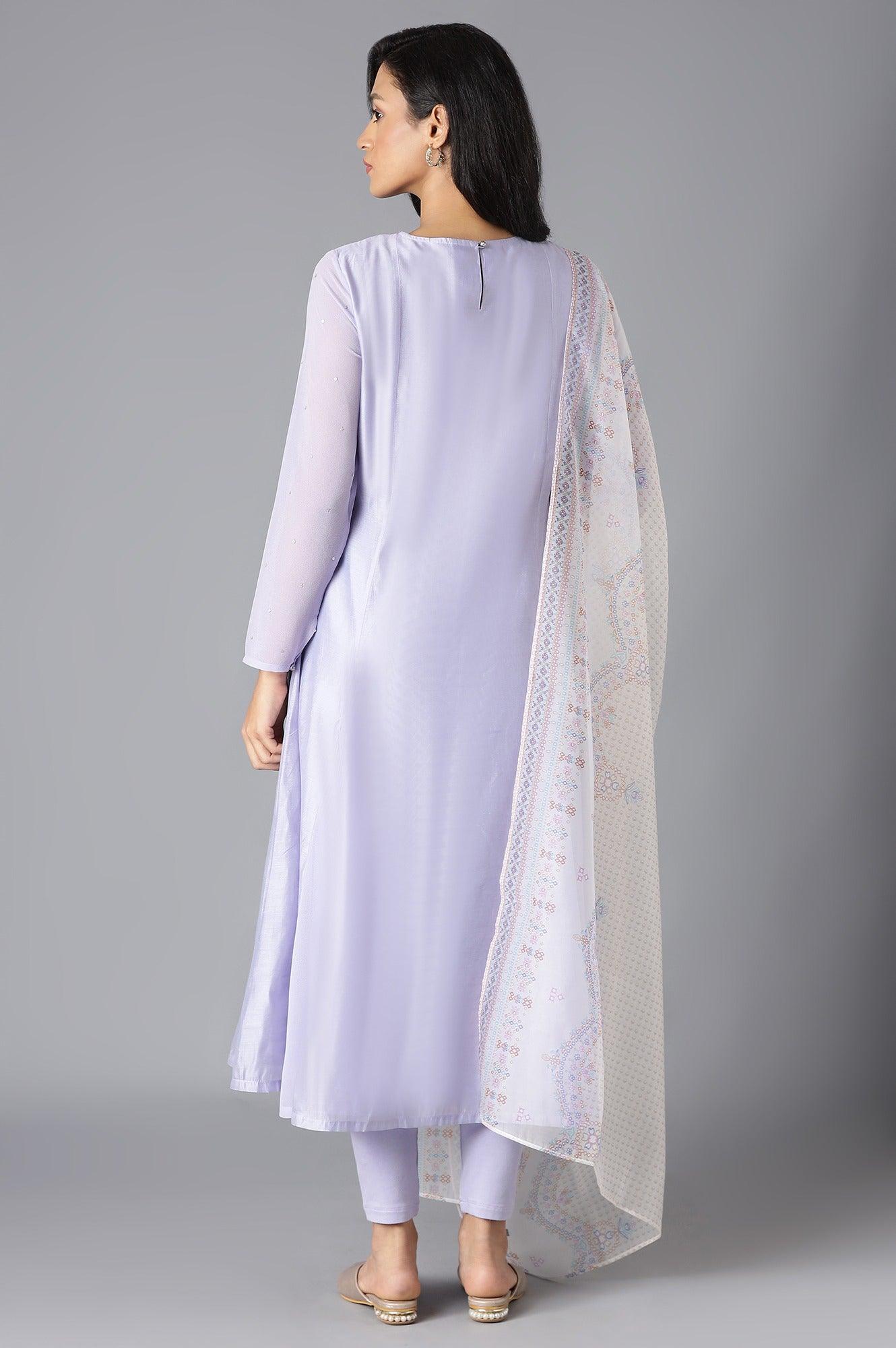 Purple A-Line kurta, Tights And Dupatta Set - wforwoman