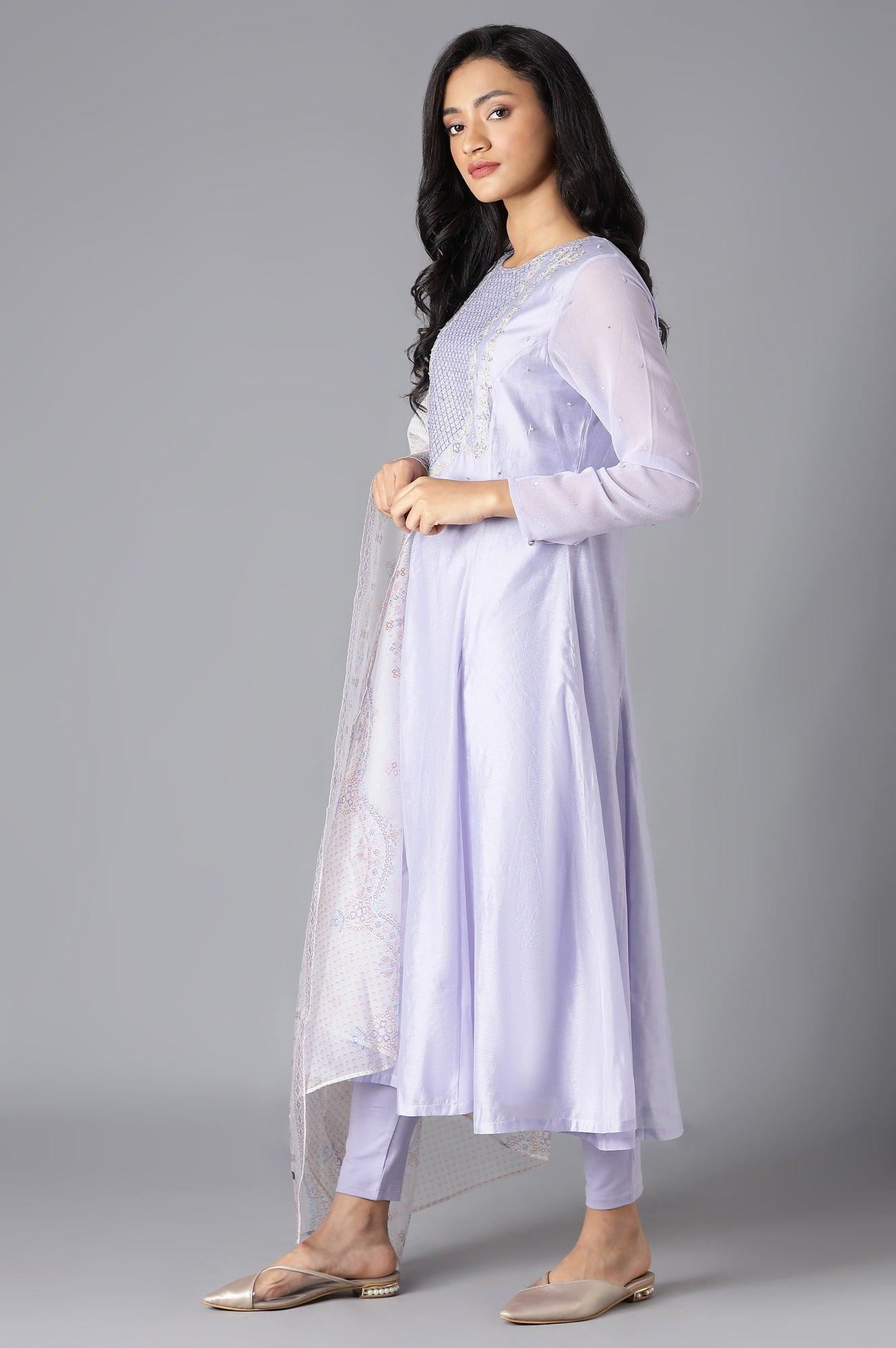 Purple A-Line kurta, Tights And Dupatta Set - wforwoman