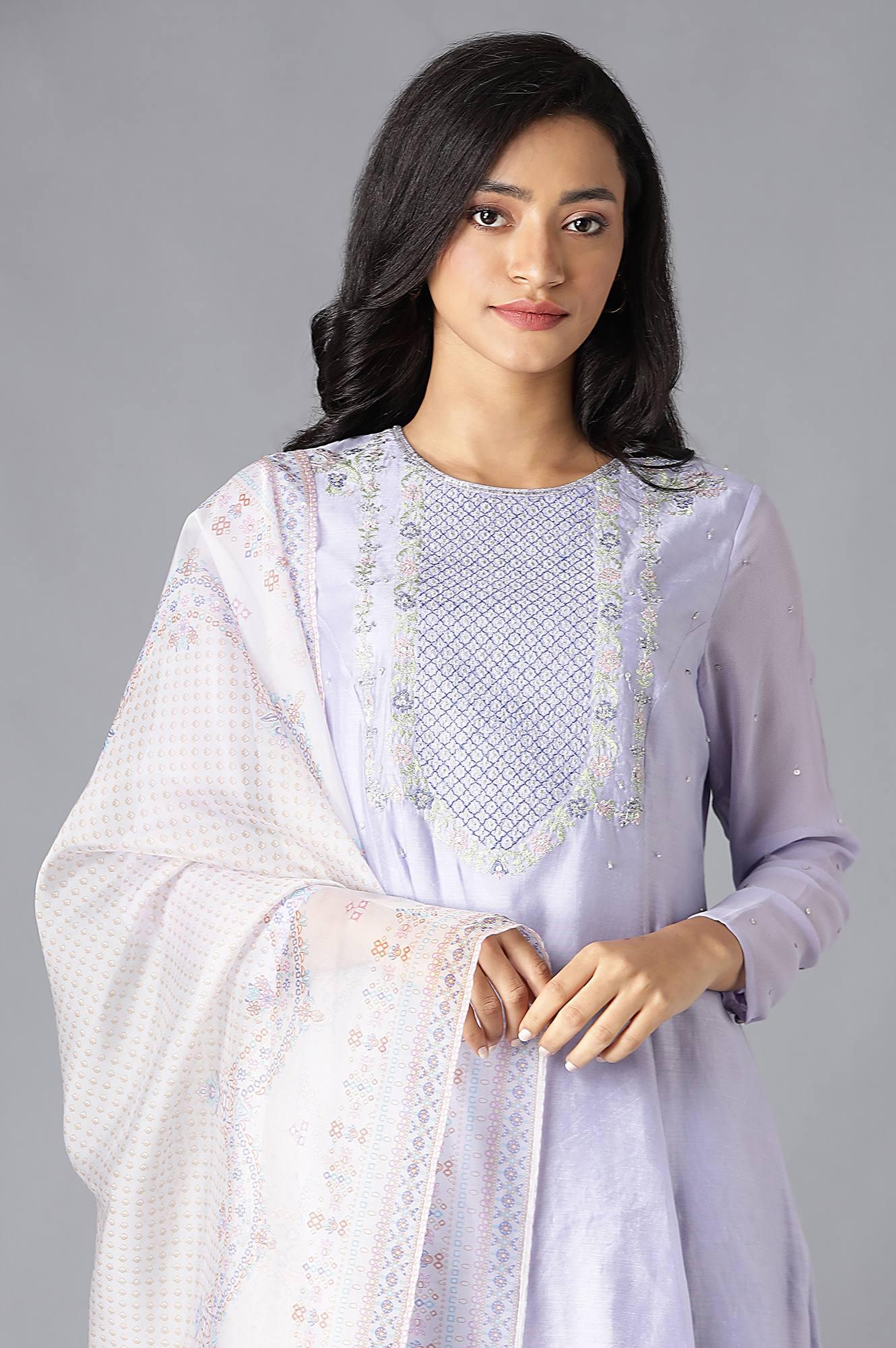 Purple A-Line kurta, Tights And Dupatta Set - wforwoman