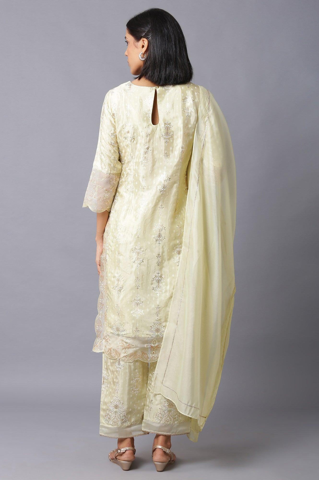 Lime Green Embroidered kurta With Parallel Pants And Dupatta - wforwoman