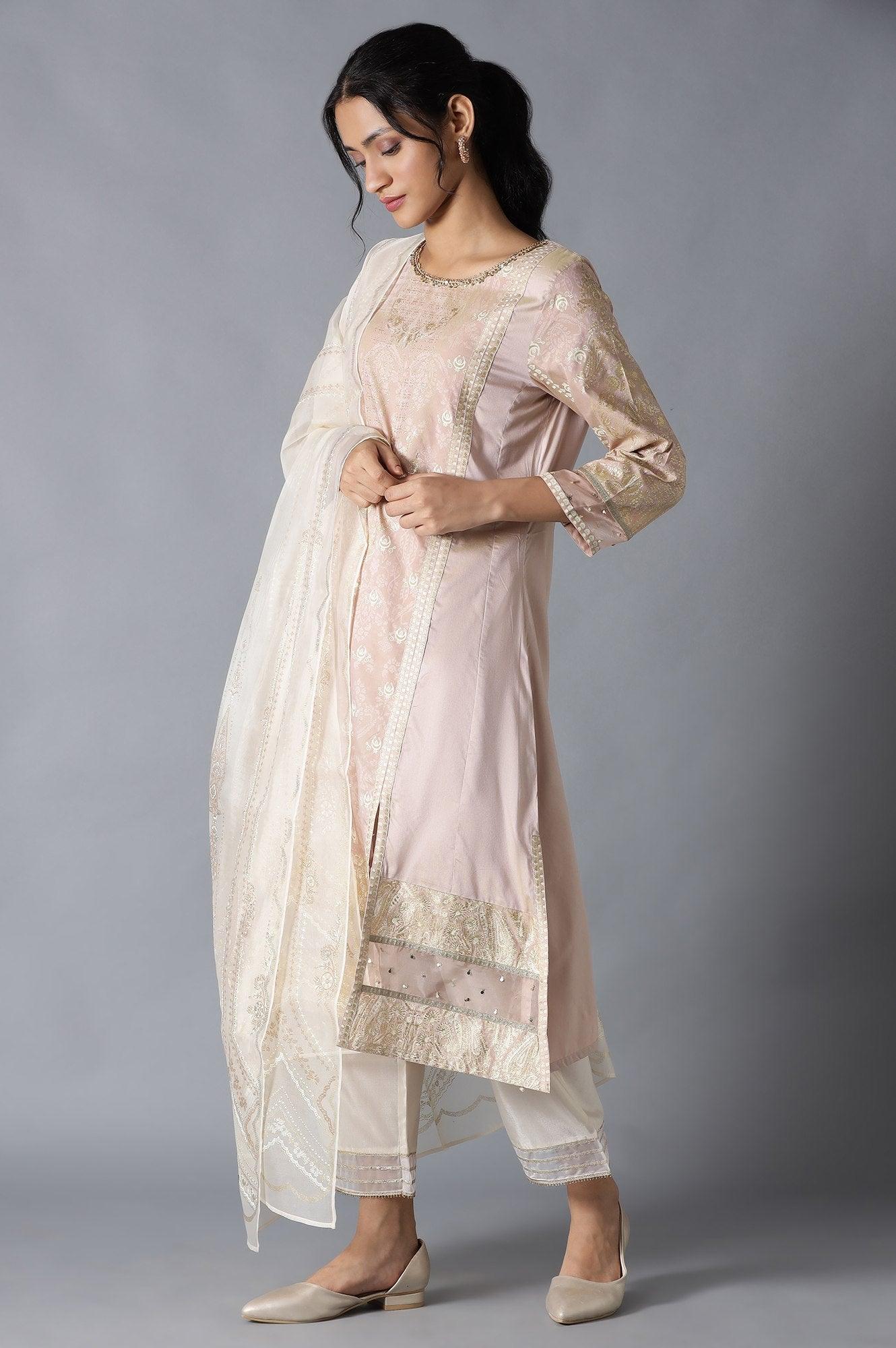 Pink A-Line Round Neck kurta With Parallel Pants And Organza Dupatta - wforwoman