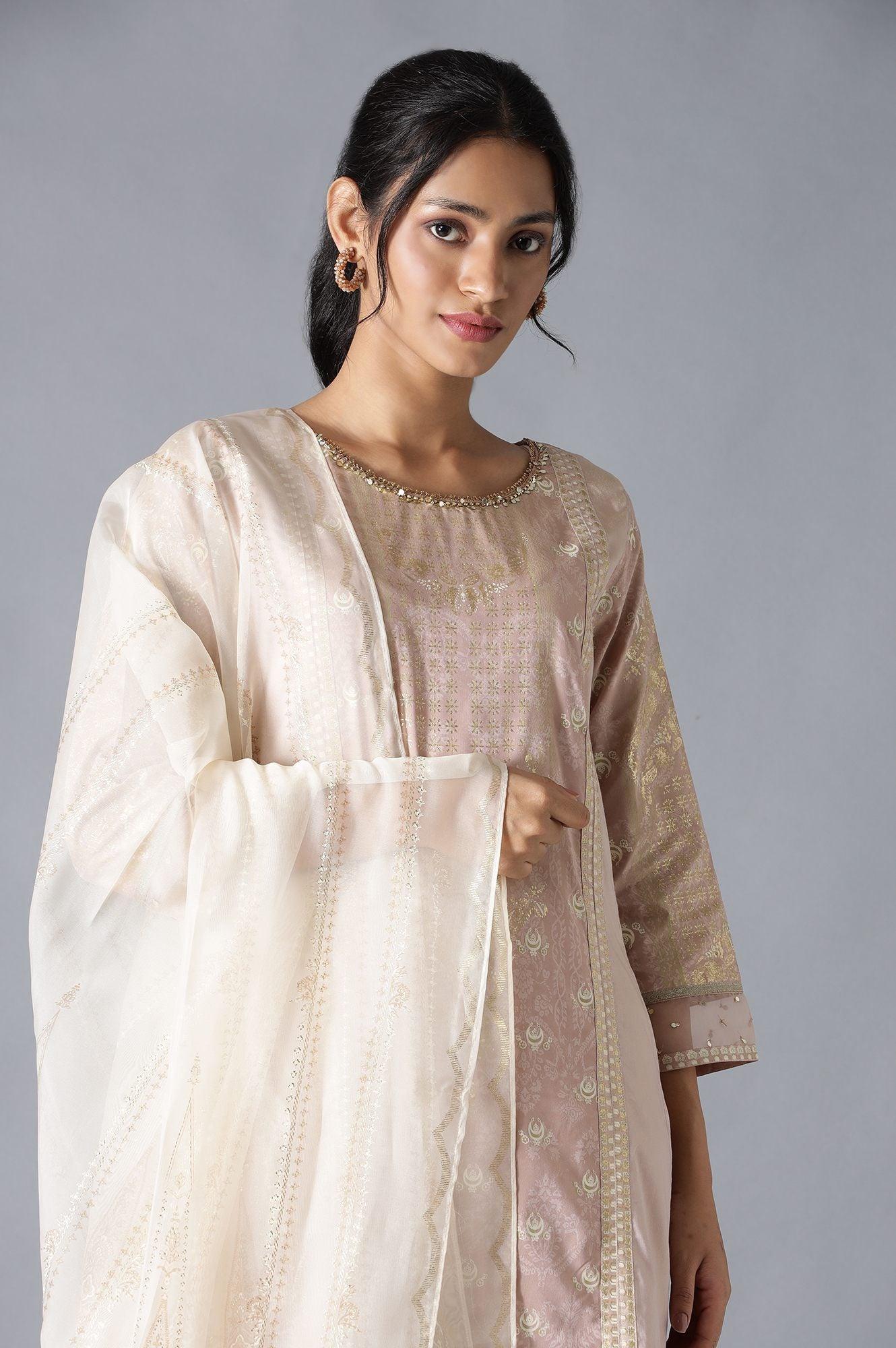 Pink A-Line Round Neck kurta With Parallel Pants And Organza Dupatta - wforwoman