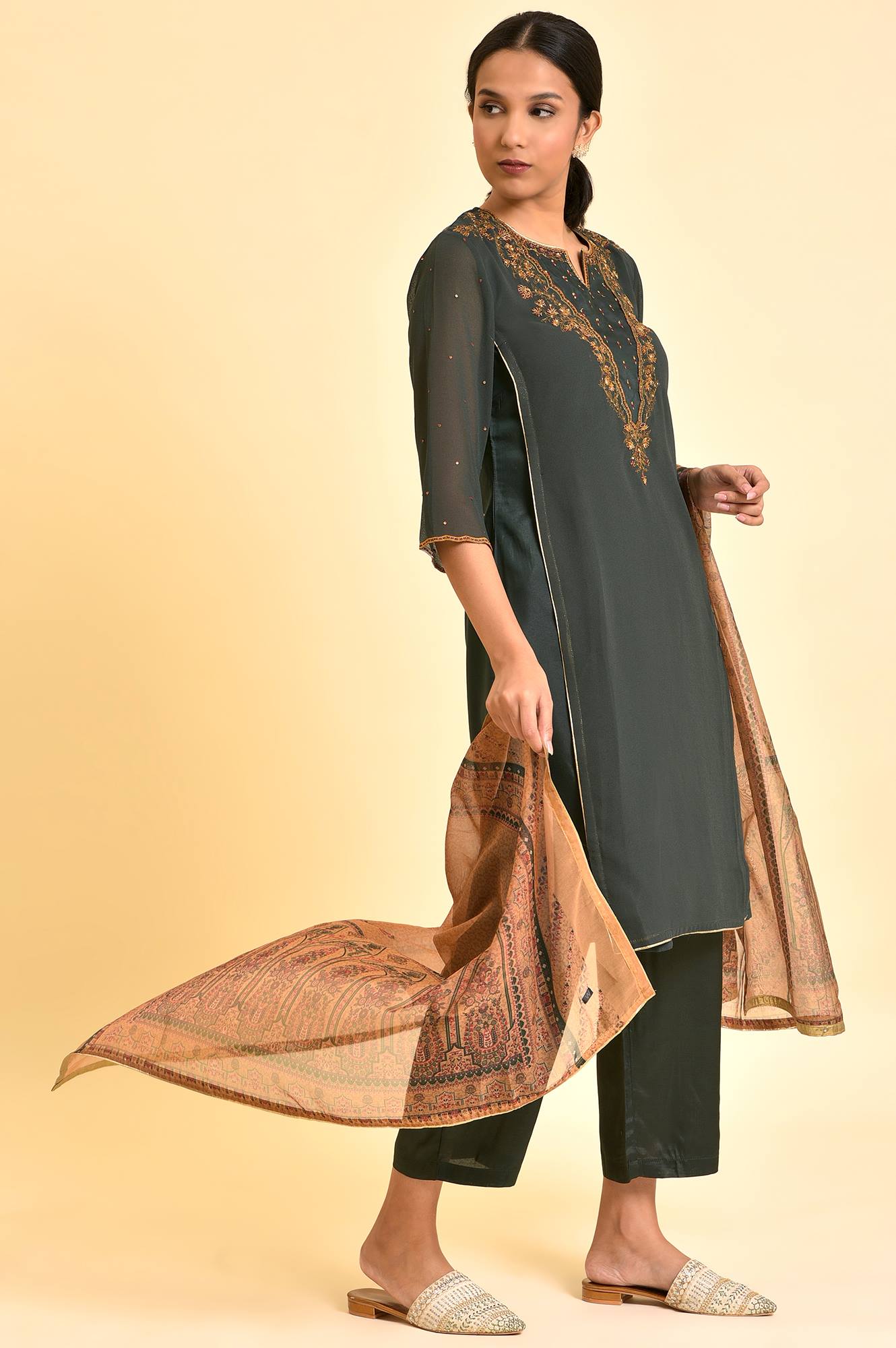 Bottle Green Mock Layer Kurta, Pants And Dupatta Set